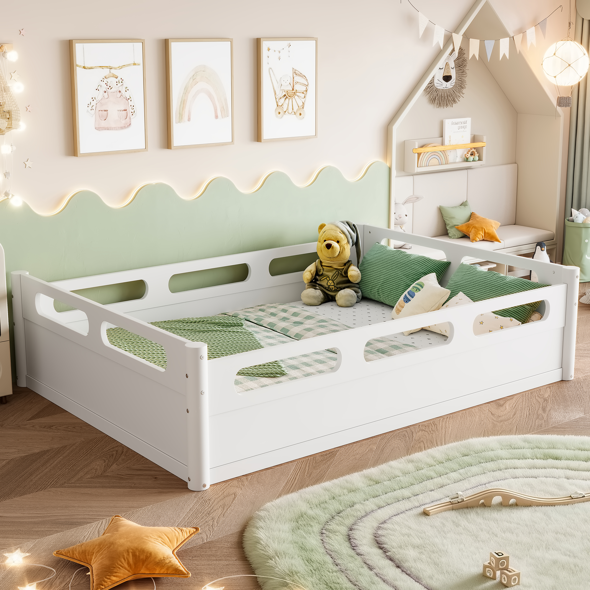 Full Size Floor Platform Bed with Full-length Guardrails, Low Profile Full Bed Frame, No Box Spring Needed, White - Image 3