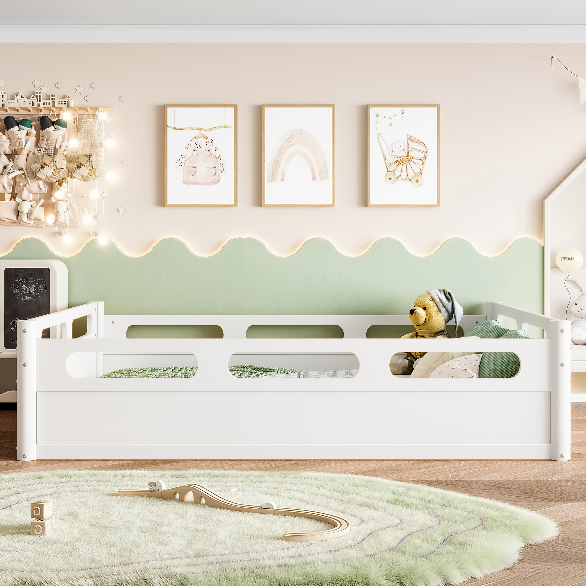 Full Size Floor Platform Bed with Full-length Guardrails, Low Profile Full Bed Frame, No Box Spring Needed, White - Image 4
