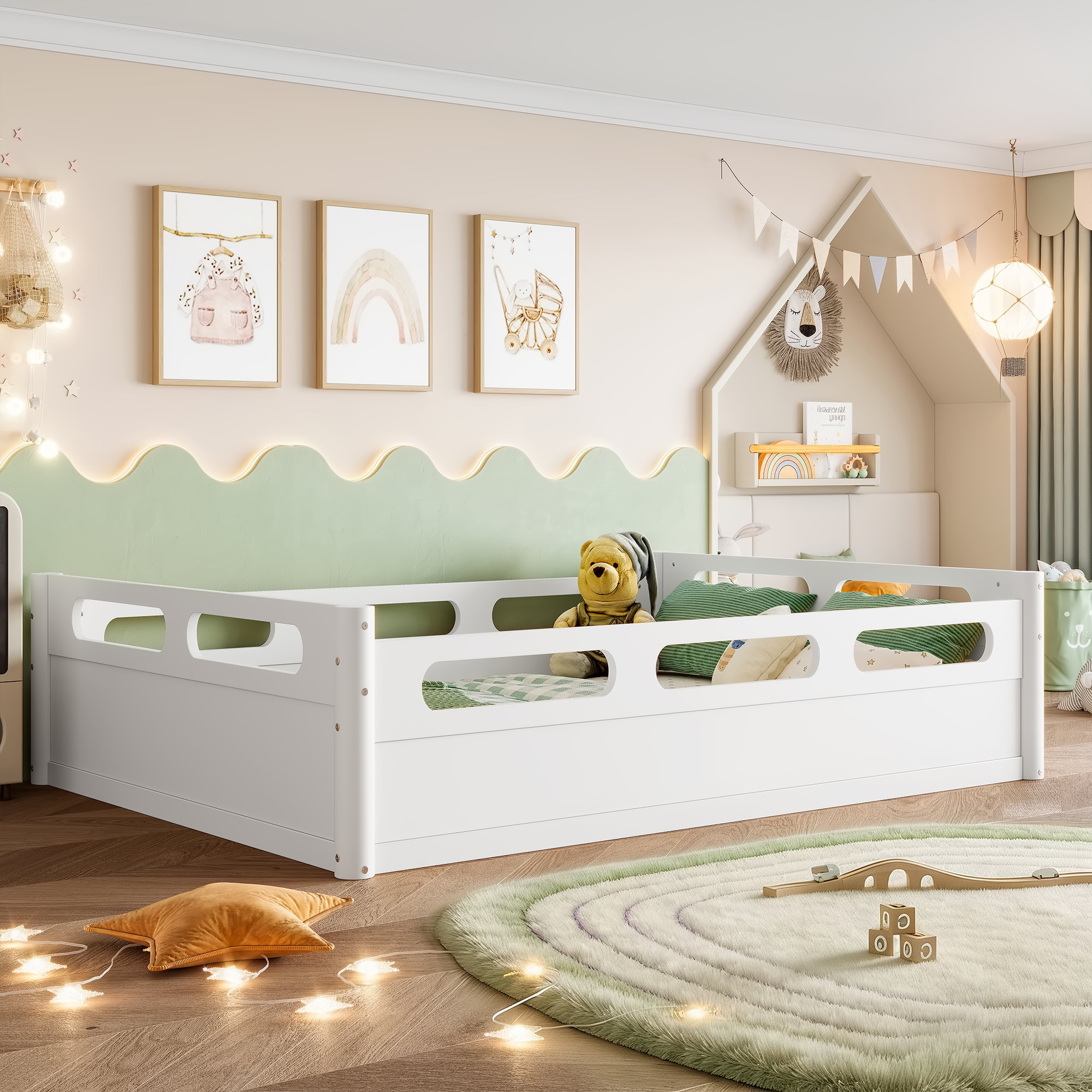 Full Size Floor Platform Bed with Full-length Guardrails, Low Profile Full Bed Frame, No Box Spring Needed, White - Image 5