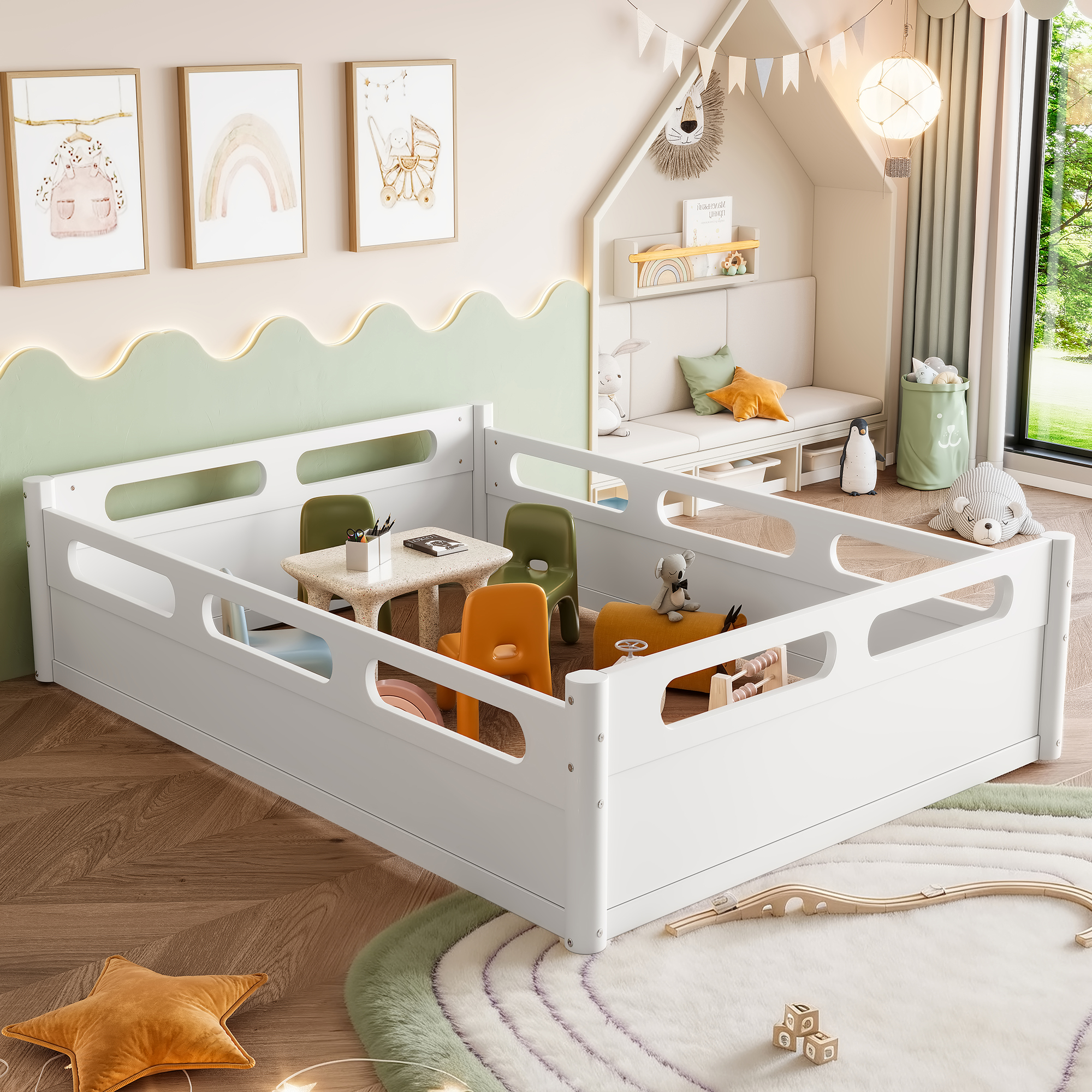 Full Size Floor Platform Bed with Full-length Guardrails, Low Profile Full Bed Frame, No Box Spring Needed, White - Image 6