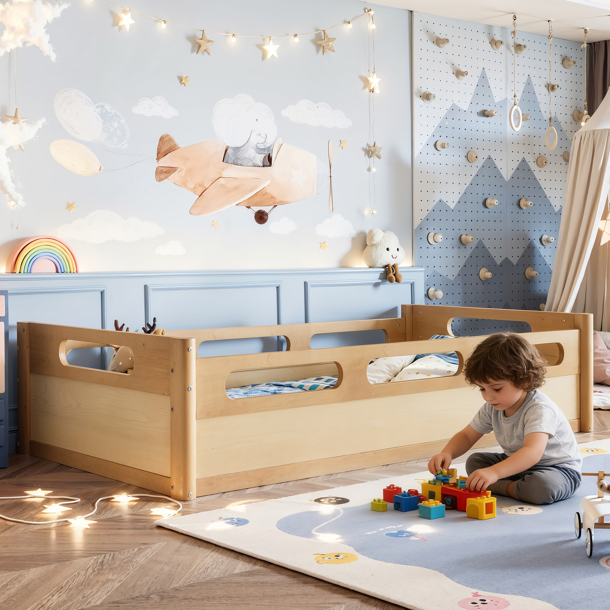 Twin Size Floor Platform Bed with Full-length Guardrails, Low Profile Twin Bed Frame, No Box Spring Needed,Natural - Image 2