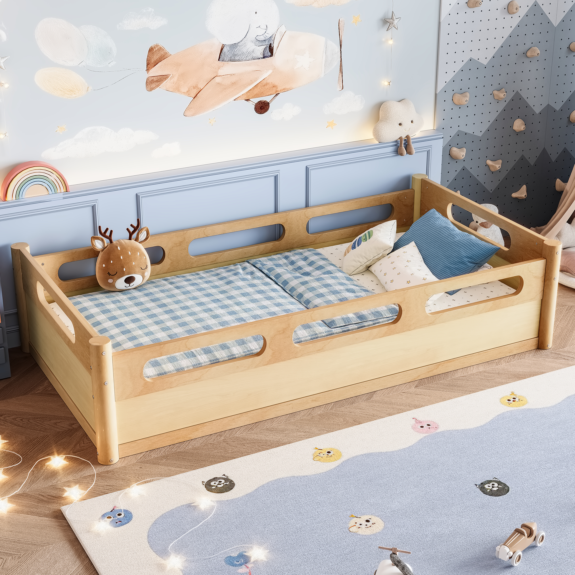 Twin Size Floor Platform Bed with Full-length Guardrails, Low Profile Twin Bed Frame, No Box Spring Needed,Natural - Image 3