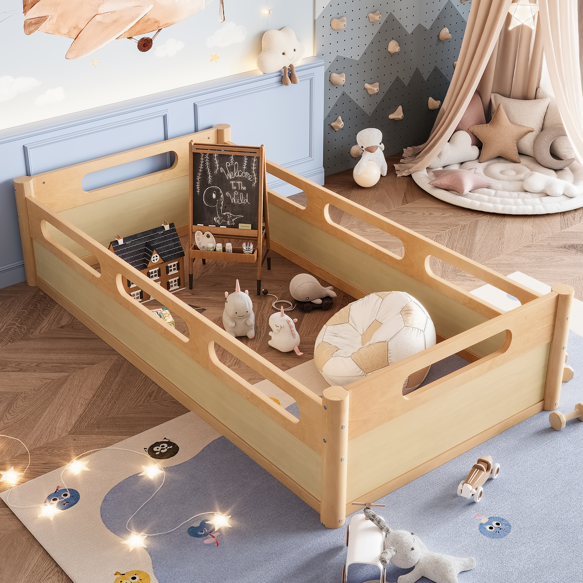 Twin Size Floor Platform Bed with Full-length Guardrails, Low Profile Twin Bed Frame, No Box Spring Needed,Natural - Image 4