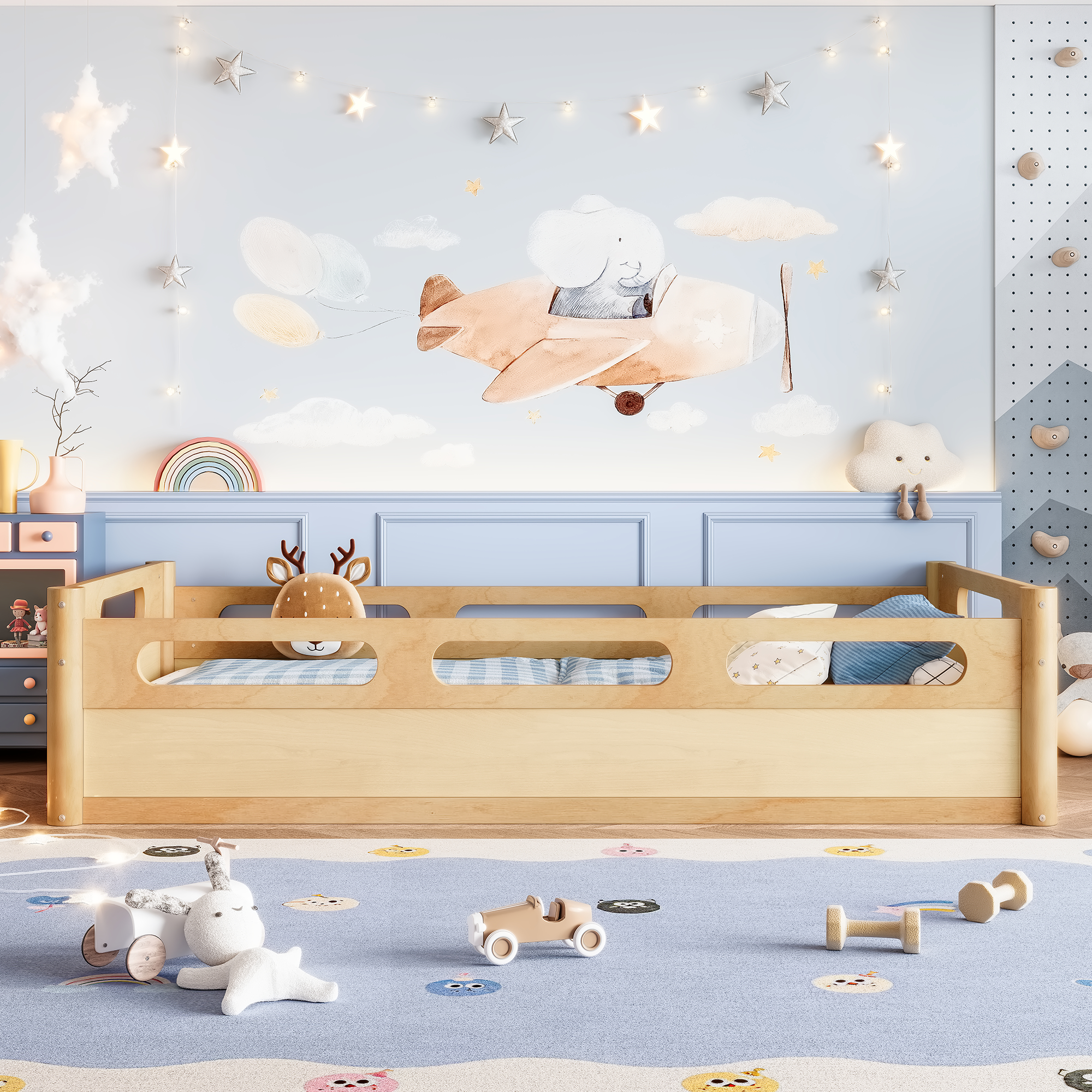 Twin Size Floor Platform Bed with Full-length Guardrails, Low Profile Twin Bed Frame, No Box Spring Needed,Natural - Image 5