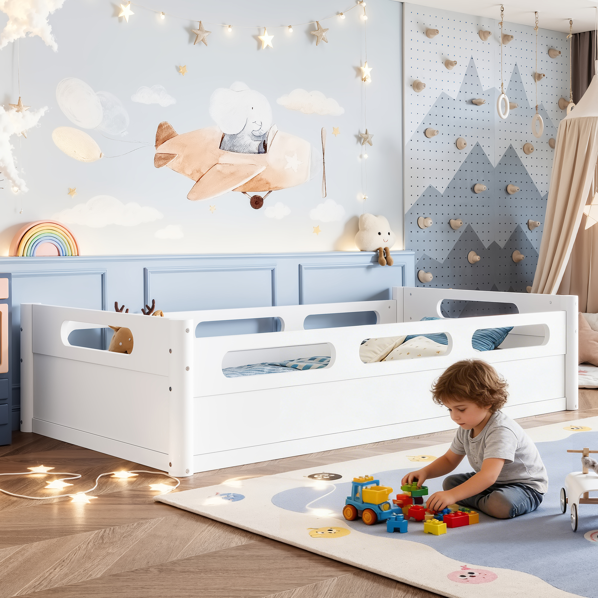 Twin Size Floor Platform Bed with Full-length Guardrails, Low Profile Twin Bed Frame, No Box Spring Needed, White - Image 2