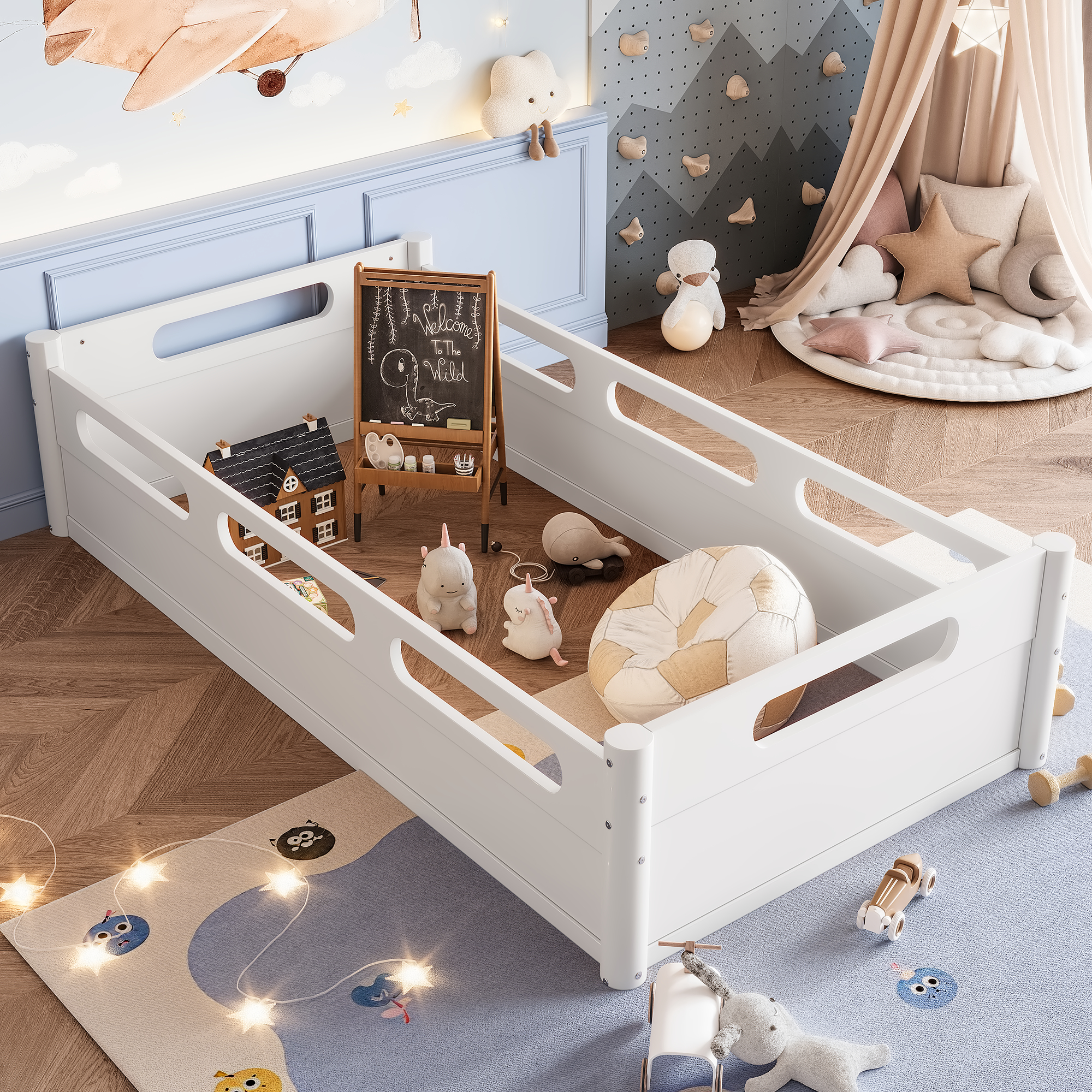 Twin Size Floor Platform Bed with Full-length Guardrails, Low Profile Twin Bed Frame, No Box Spring Needed, White - Image 3
