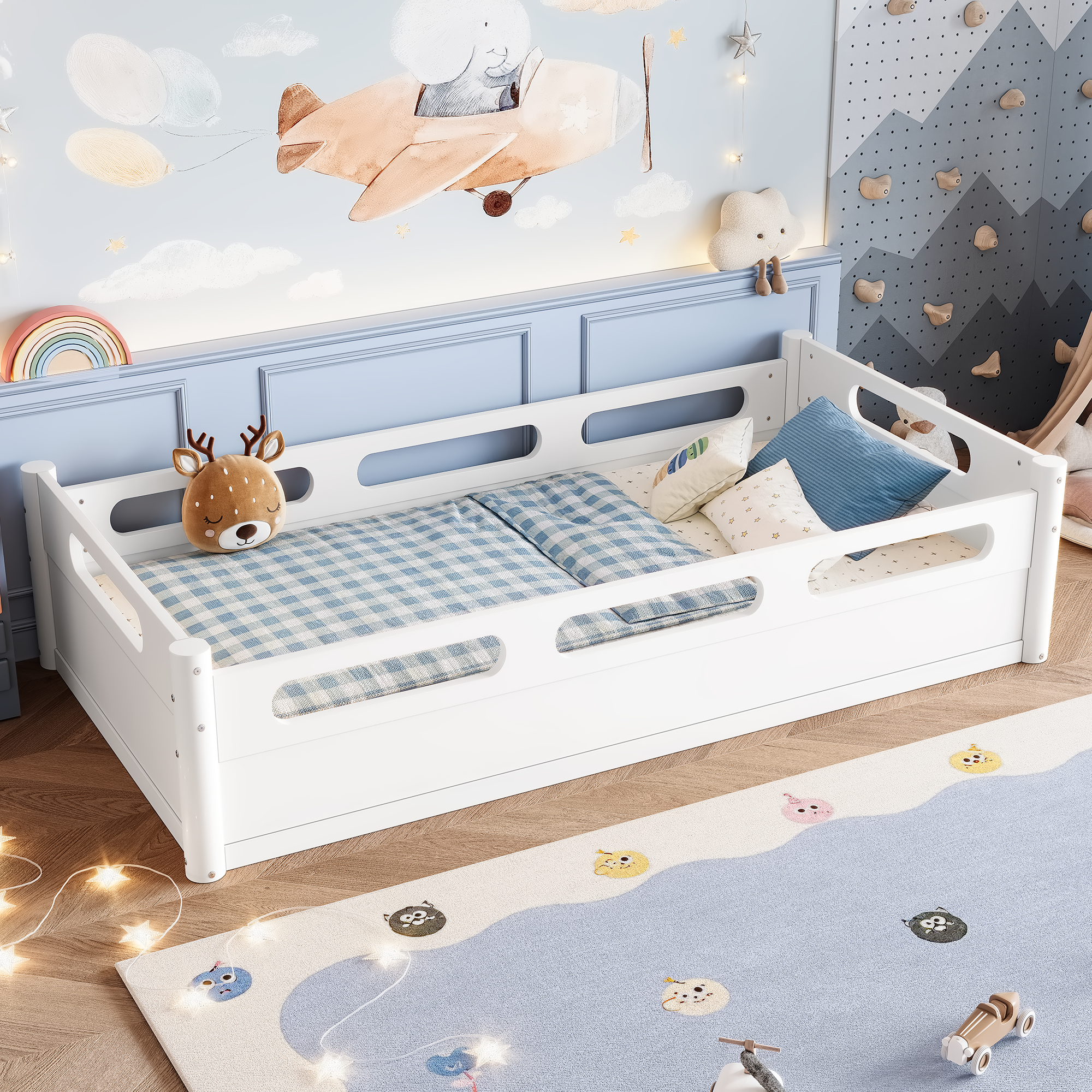 Twin Size Floor Platform Bed with Full-length Guardrails, Low Profile Twin Bed Frame, No Box Spring Needed, White - Image 5