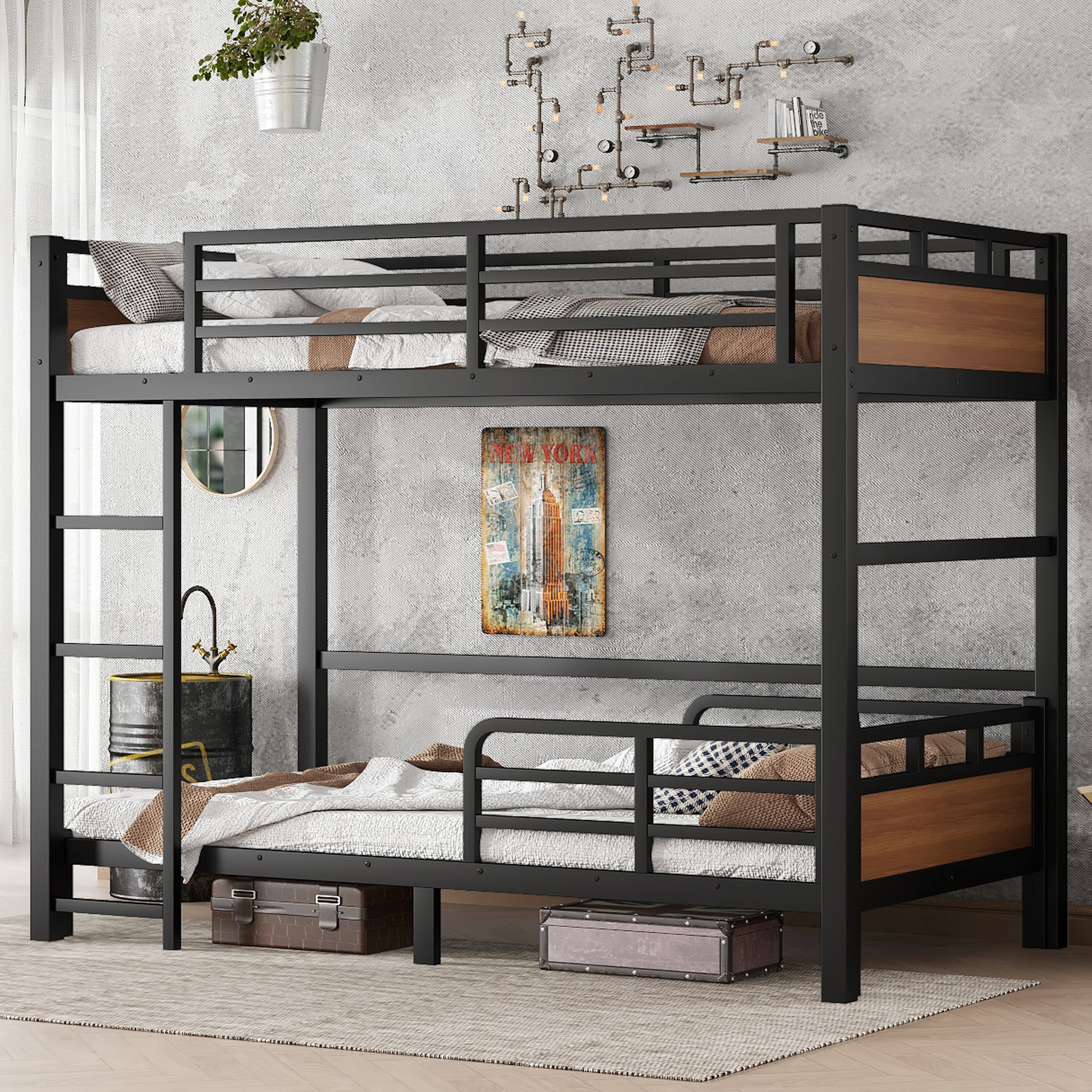 Twin XL over Twin XL Metal Bunk Bed/Metal Loft Bed,Separable Bunk Beds,with raised security fence,Walnut Color - Image 2