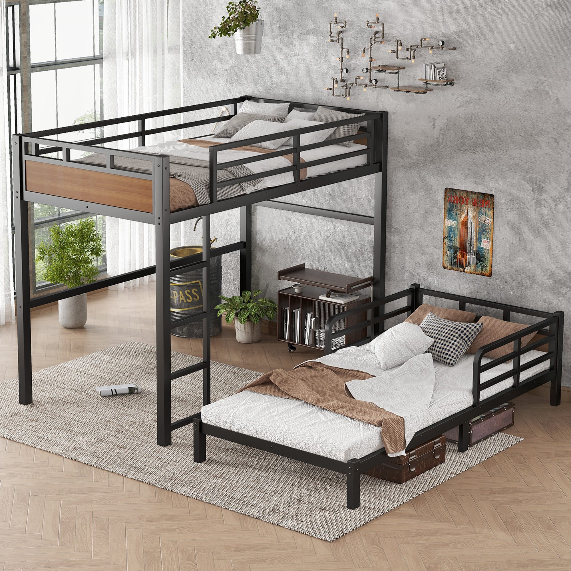 Twin XL over Twin XL Metal Bunk Bed/Metal Loft Bed,Separable Bunk Beds,with raised security fence,Walnut Color - Image 3