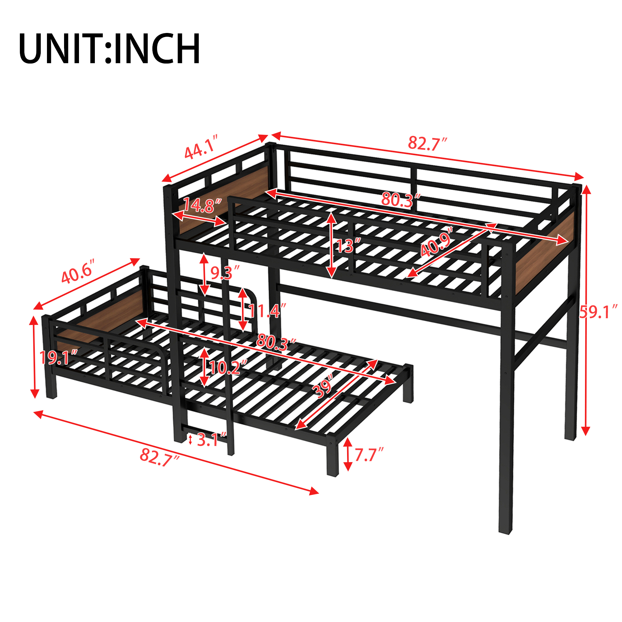 Twin XL over Twin XL Metal Bunk Bed/Metal Loft Bed,Separable Bunk Beds,with raised security fence,Walnut Color - Image 4