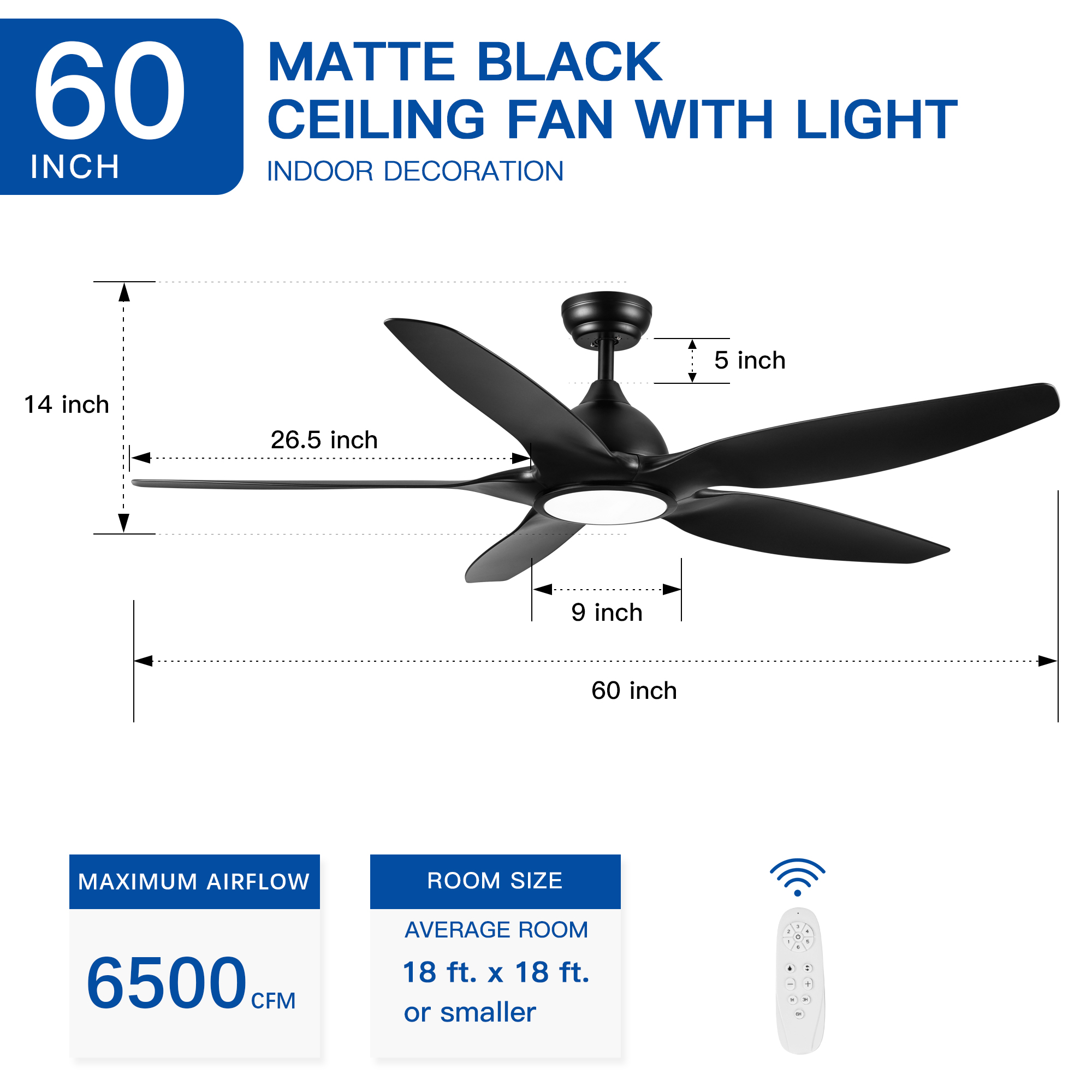 60 In Intergrated LED Ceiling Fan Lighting with Black ABS Blade - Image 6