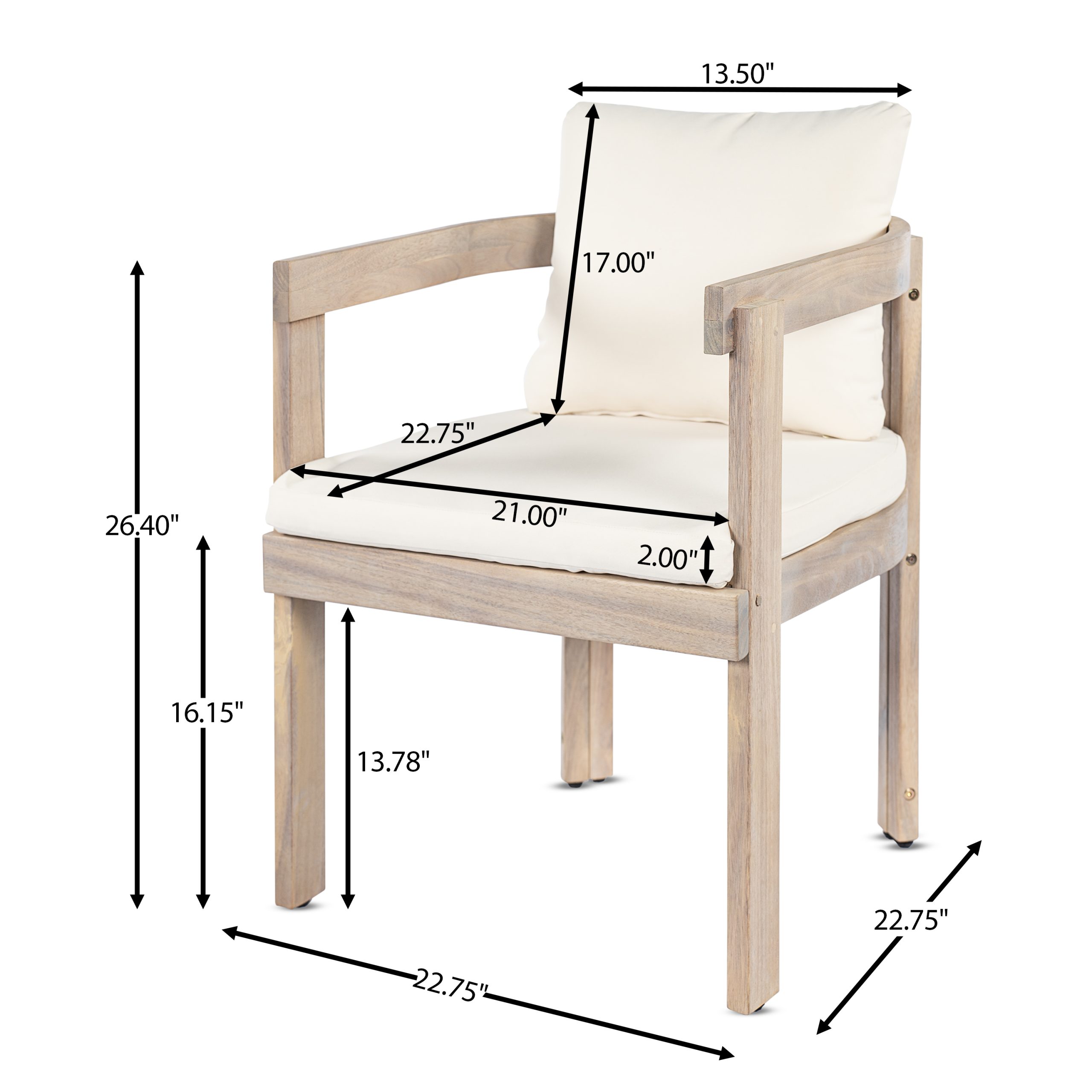 Acacia Wood Dining Chairs Set of 2, Armchairs with Cream Cushions, Barrel Accent Chair, Comfy Seating Kitchen Side Chair Set for Balcony, Backyard, Garden,Light white - Image 4