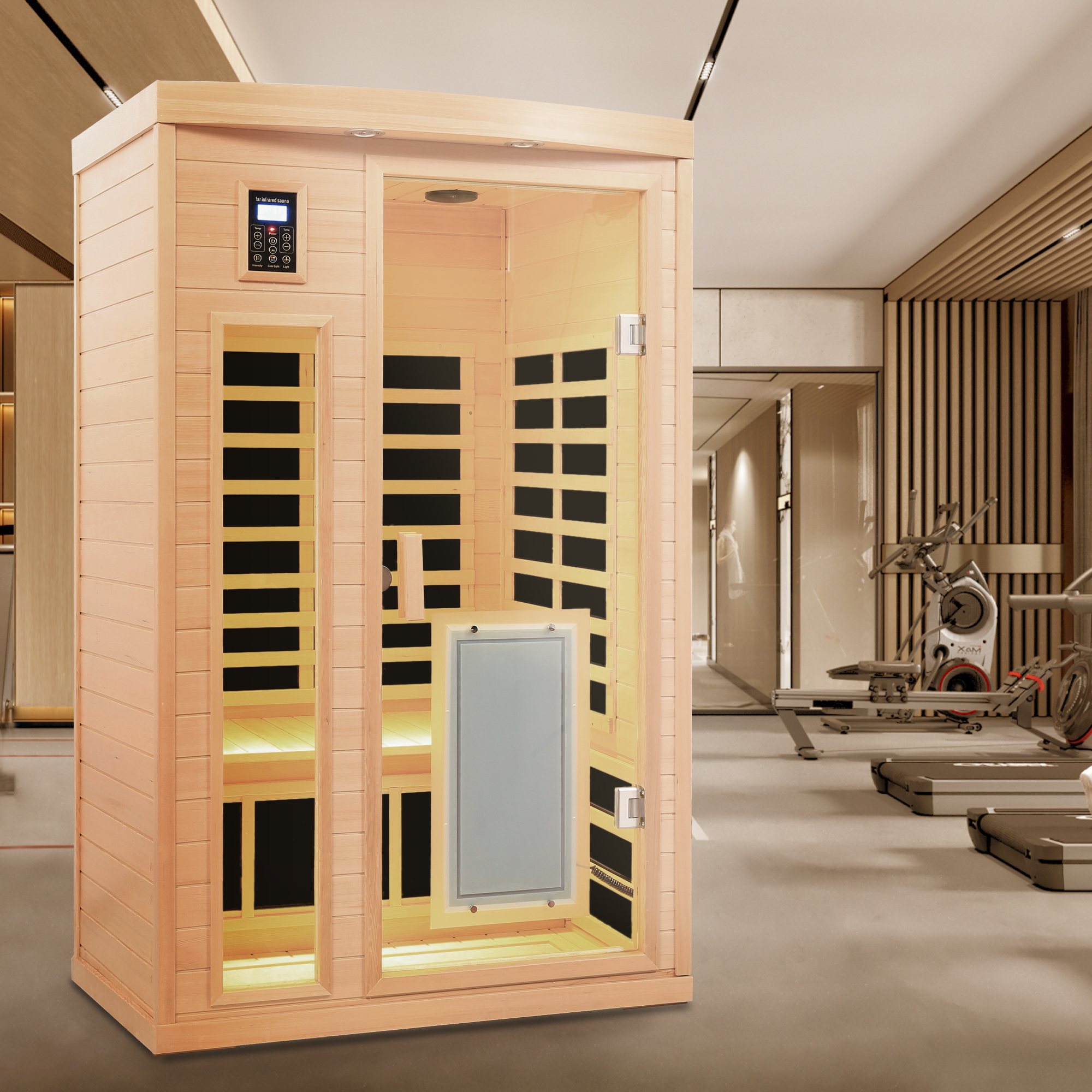 Low EMF, There is also a heating plate on the glass door, Hemlock wood Far-infrared indoor Two person sauna room - Image 2