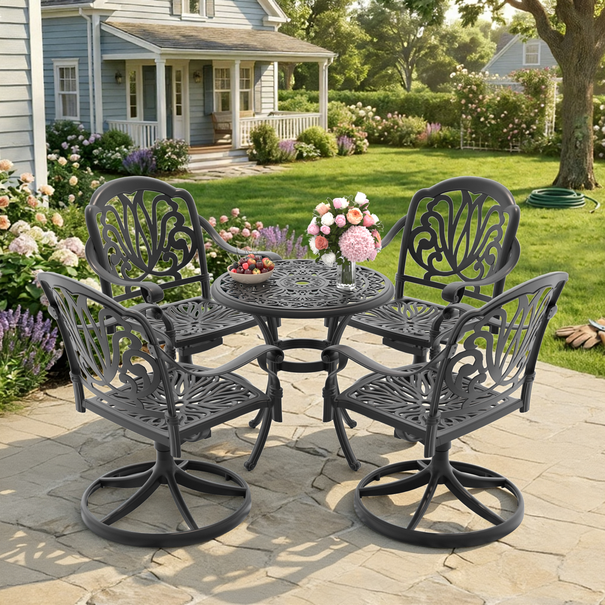 5-Piece All-Weather Cast Aluminum Dining Set, Include 4 Swivel Chairs and 26.77" Round Table With Black Frame - Image 2