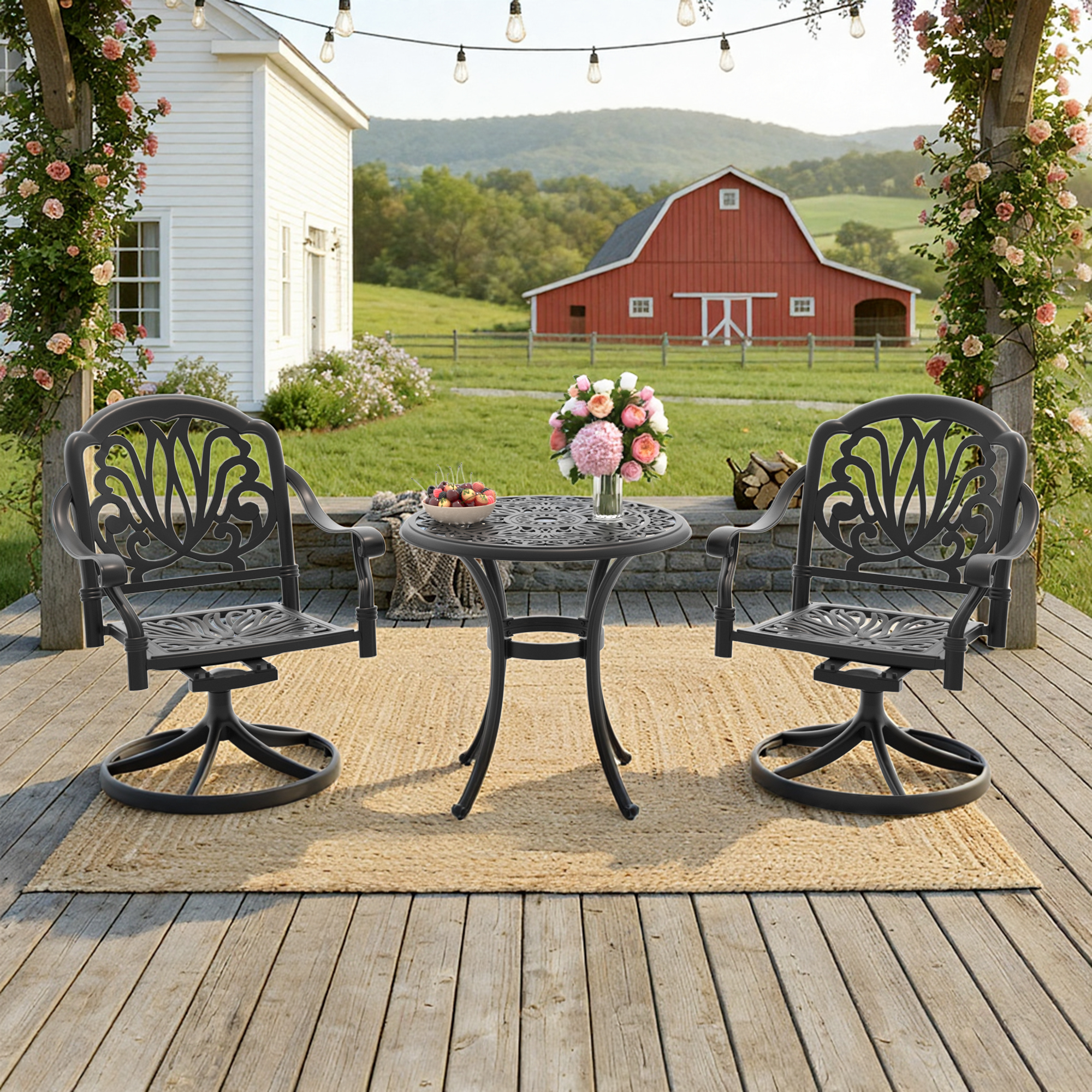 3-Piece All-Weather Cast Aluminum Dining Set, Include 2 Swivel Chairs and 26.77" Round Table With Black Frame - Image 2