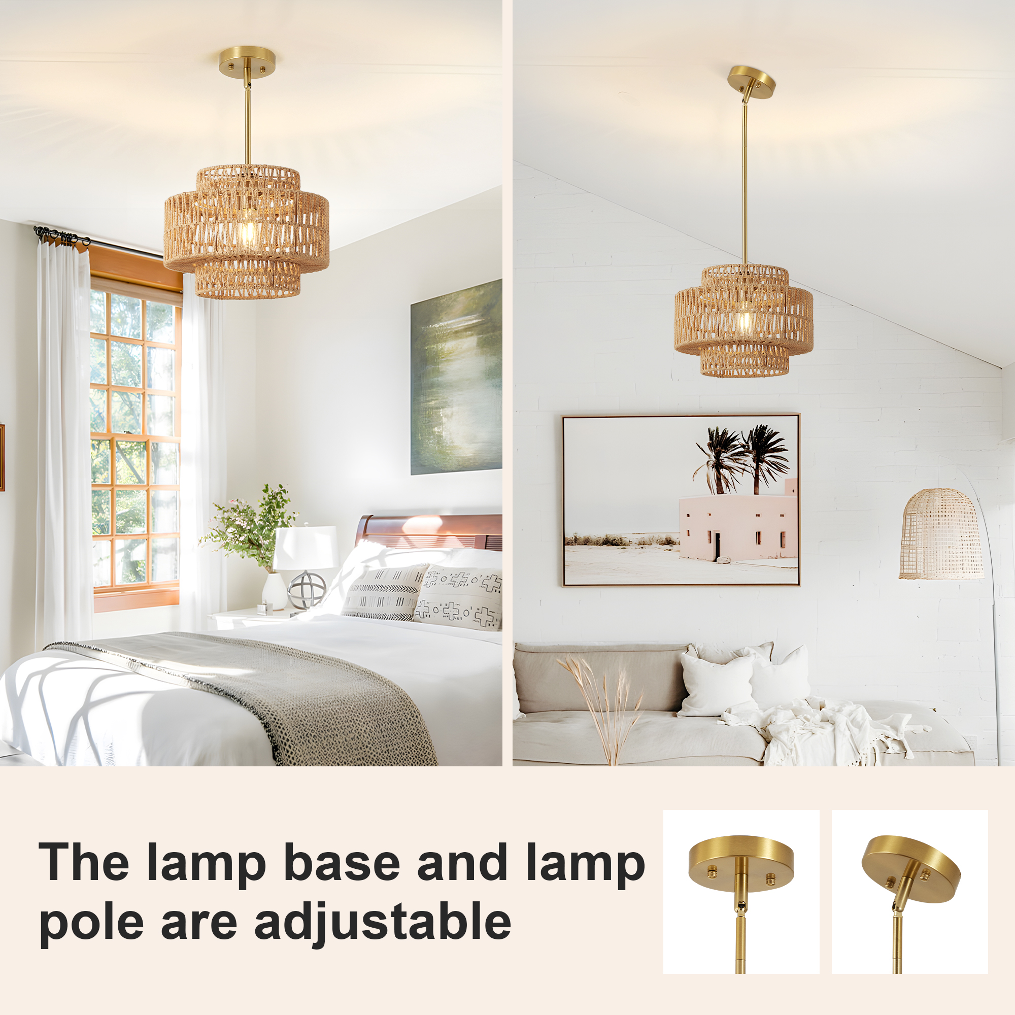 12.6 in Boho Rattan Chandelier Light Fixture,1-Light Hand Woven Pendant Light Fixture Farmhouse Rustic Hanging Lamp for Kitchen Island Bedroom, Dining Room, Living Room, Entryway, Foyer - Image 4