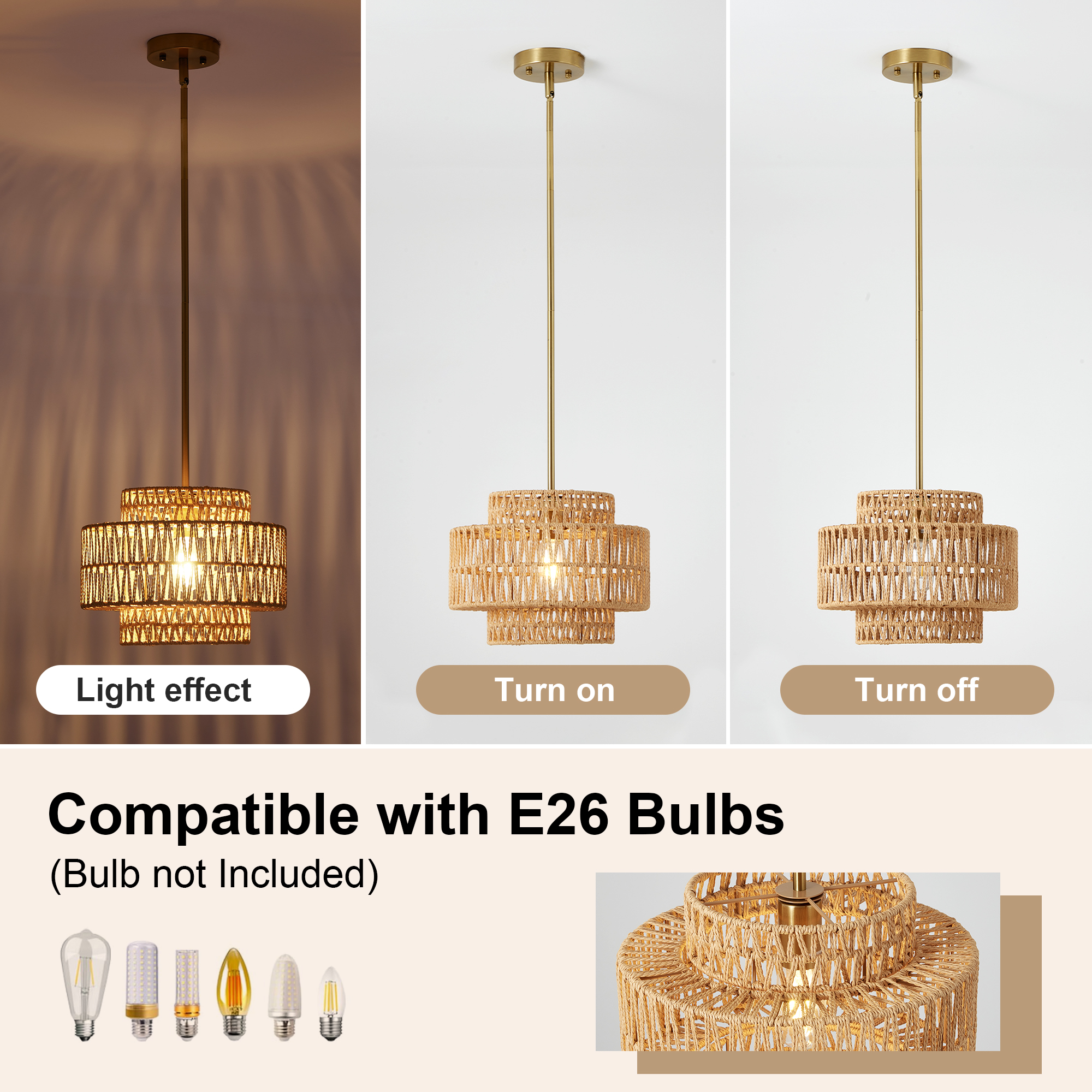 12.6 in Boho Rattan Chandelier Light Fixture,1-Light Hand Woven Pendant Light Fixture Farmhouse Rustic Hanging Lamp for Kitchen Island Bedroom, Dining Room, Living Room, Entryway, Foyer - Image 5