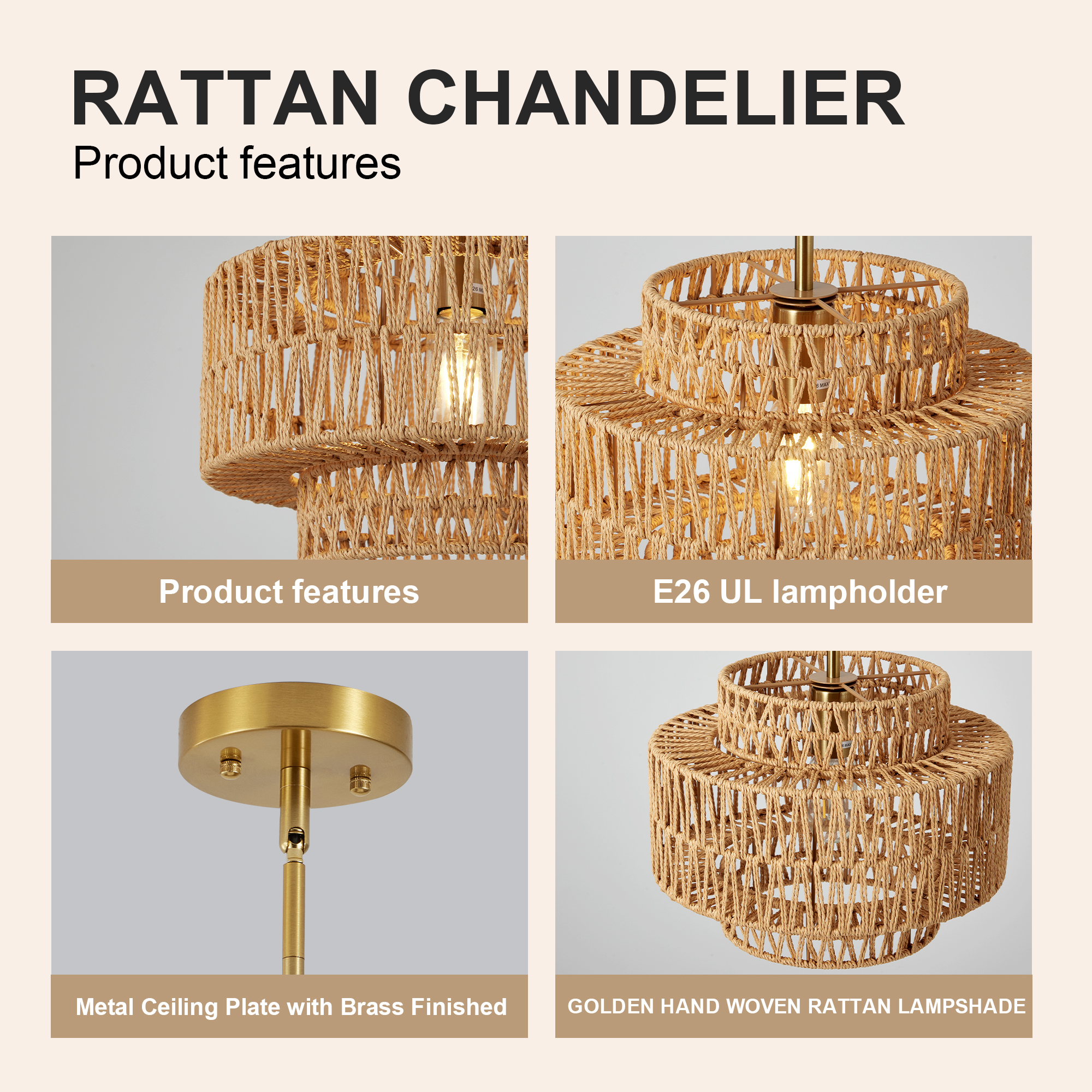 12.6 in Boho Rattan Chandelier Light Fixture,1-Light Hand Woven Pendant Light Fixture Farmhouse Rustic Hanging Lamp for Kitchen Island Bedroom, Dining Room, Living Room, Entryway, Foyer - Image 6