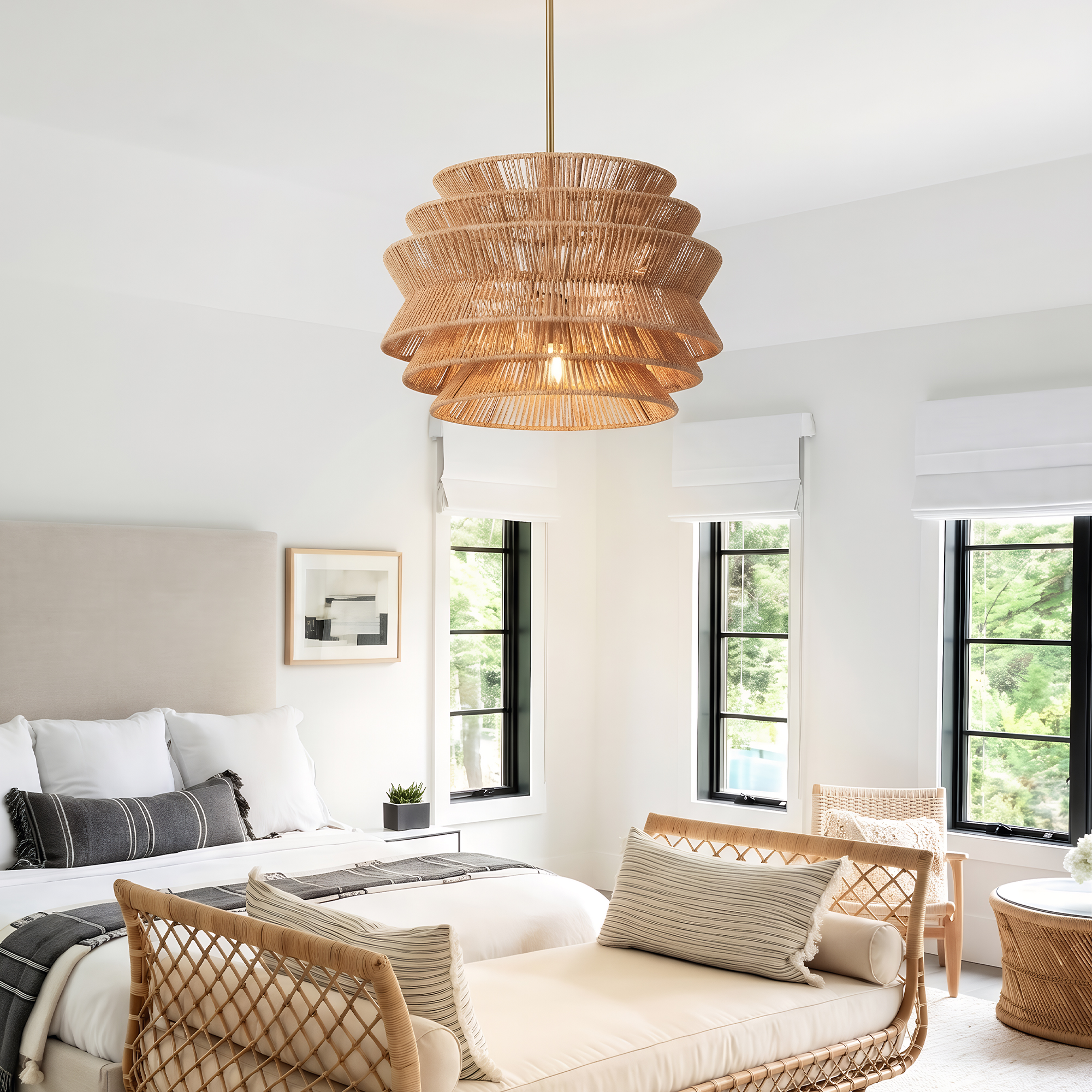 17.3" Rattan Pendant Light,Hand-Woven Rustic Wicker Hanging Light Seagrass Ceiling Chandelier,Water Plants Rattan Chandelier for Dining Living Bedroom Kitchen Farmhouse - Image 2