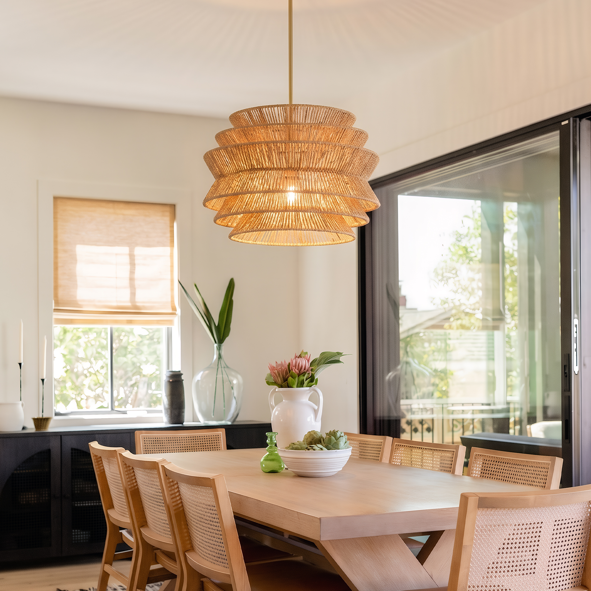 17.3" Rattan Pendant Light,Hand-Woven Rustic Wicker Hanging Light Seagrass Ceiling Chandelier,Water Plants Rattan Chandelier for Dining Living Bedroom Kitchen Farmhouse - Image 5