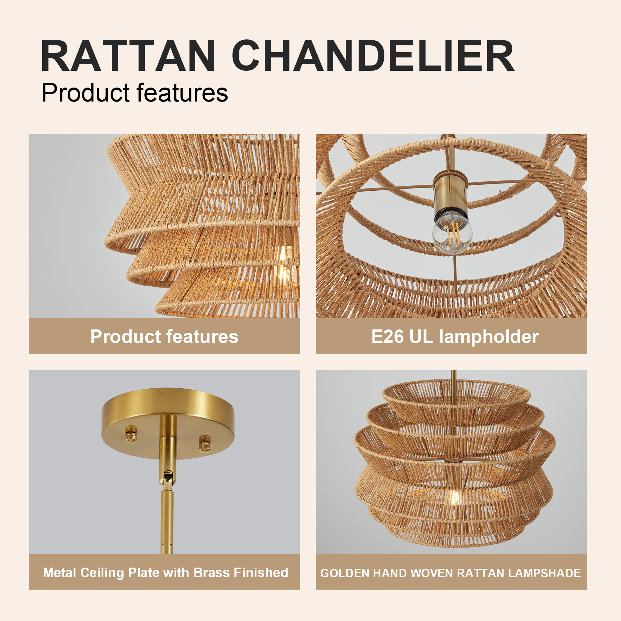 17.3" Rattan Pendant Light,Hand-Woven Rustic Wicker Hanging Light Seagrass Ceiling Chandelier,Water Plants Rattan Chandelier for Dining Living Bedroom Kitchen Farmhouse - Image 6