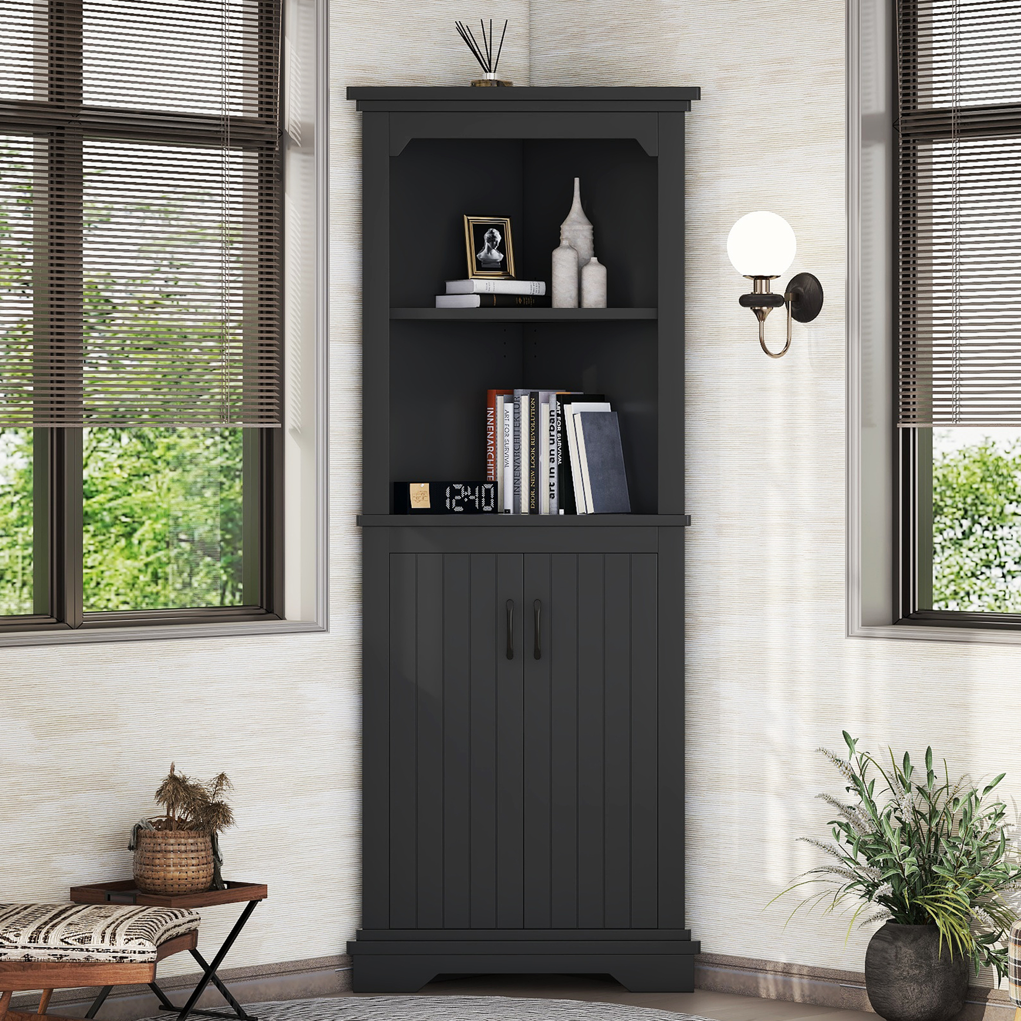 Tall Corner Cabinet with Doors for living room, bathroom,Dining Room or Kitchen,Black - Image 2
