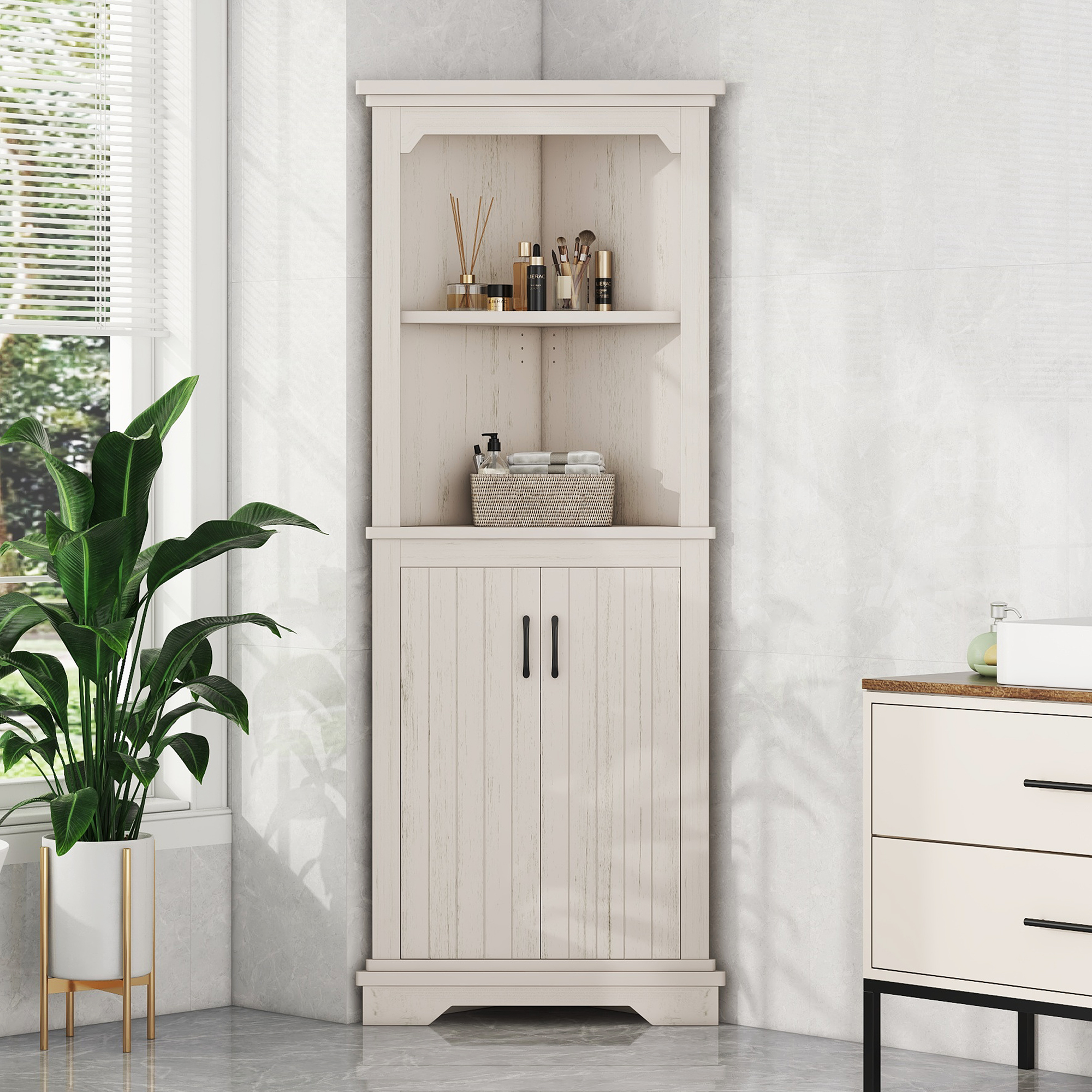 Tall Corner Cabinet with Doors for living room, bathroom,Dining Room or Kitchen,Beige - Image 2
