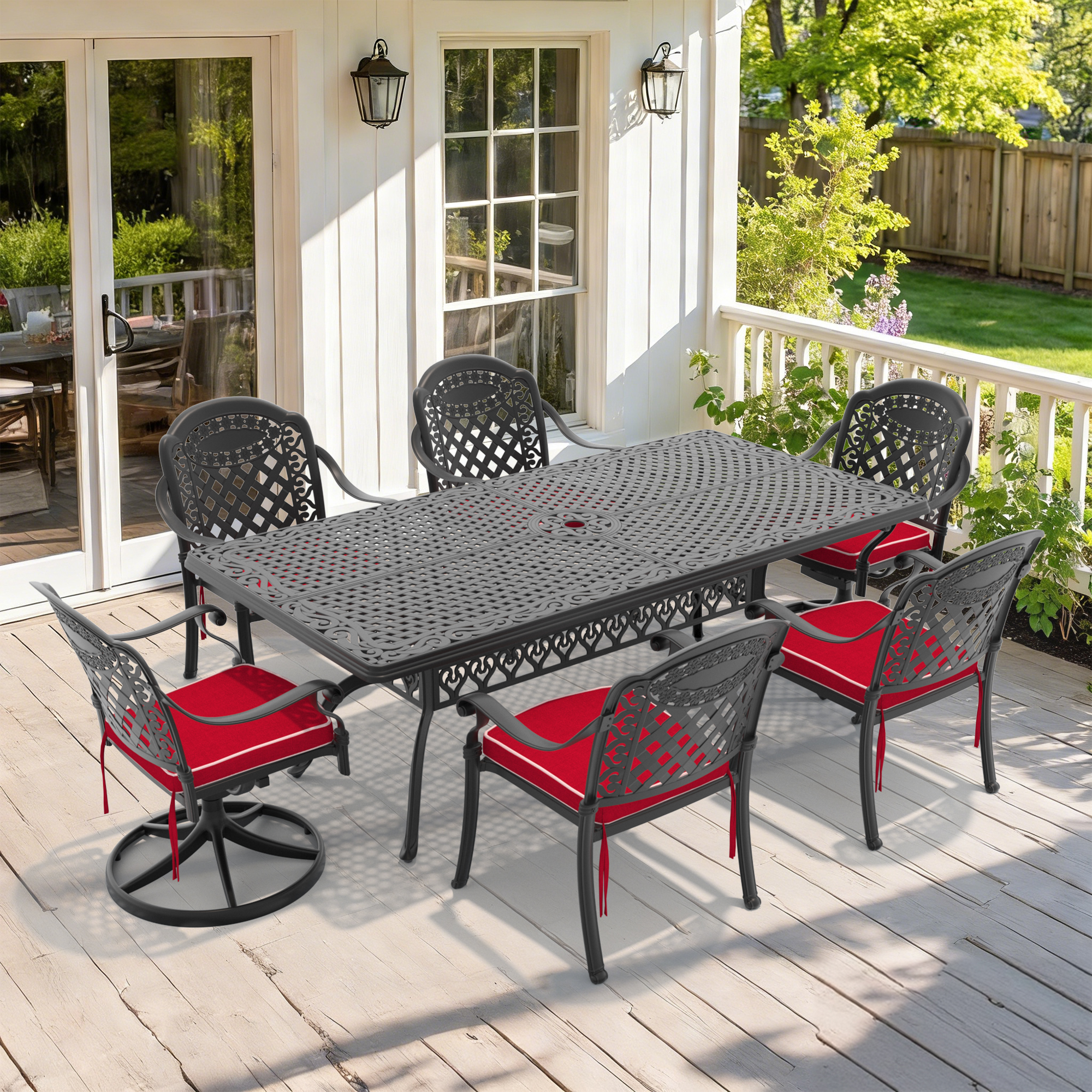 7-Piece All-Weather Cast Aluminum Dining Set, Include 2 Swivel Chairs,4 Dining Chairs and Rectangular Table With Black Frame - Image 1