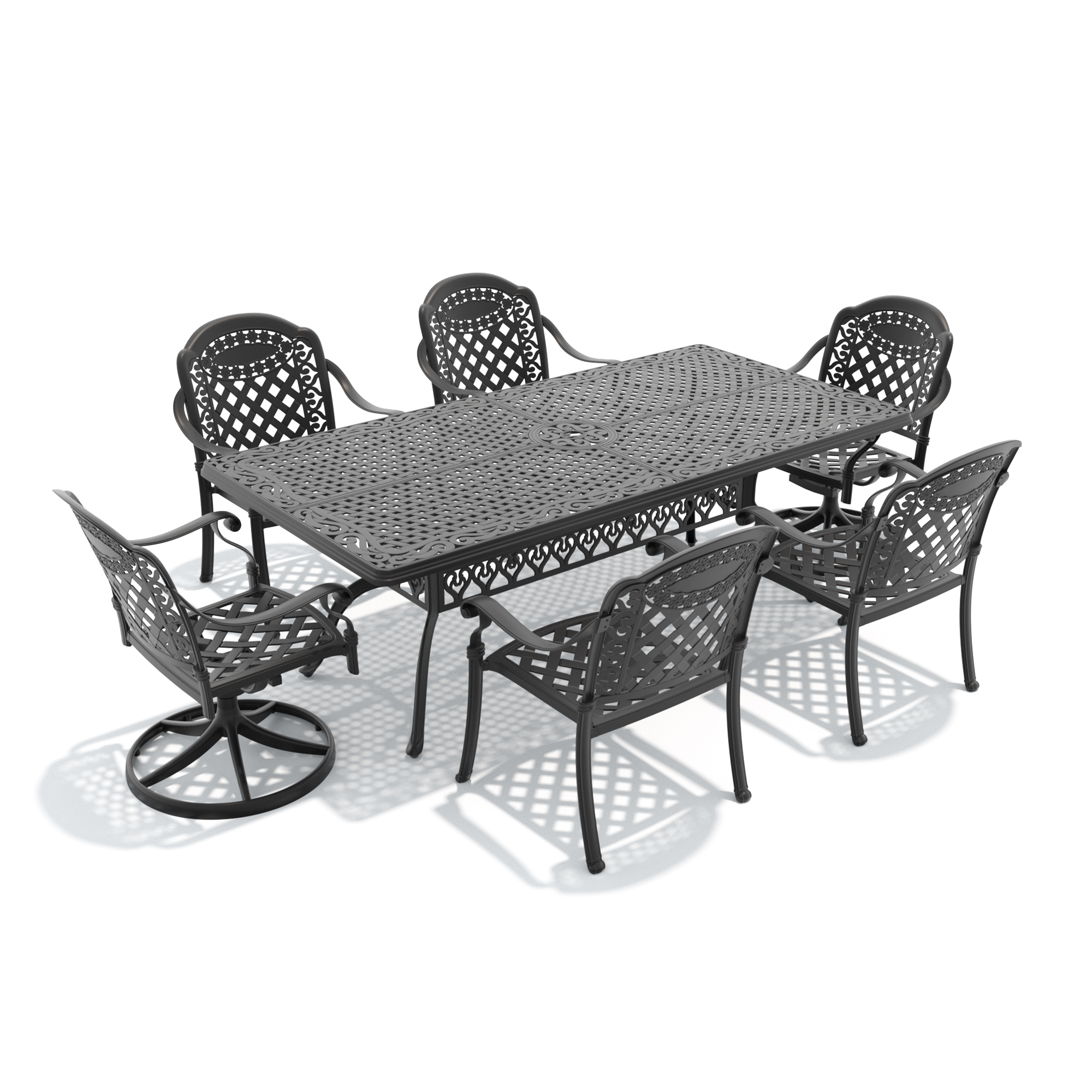 7-Piece All-Weather Cast Aluminum Dining Set, Include 2 Swivel Chairs,4 Dining Chairs and Rectangular Table With Black Frame - Image 3