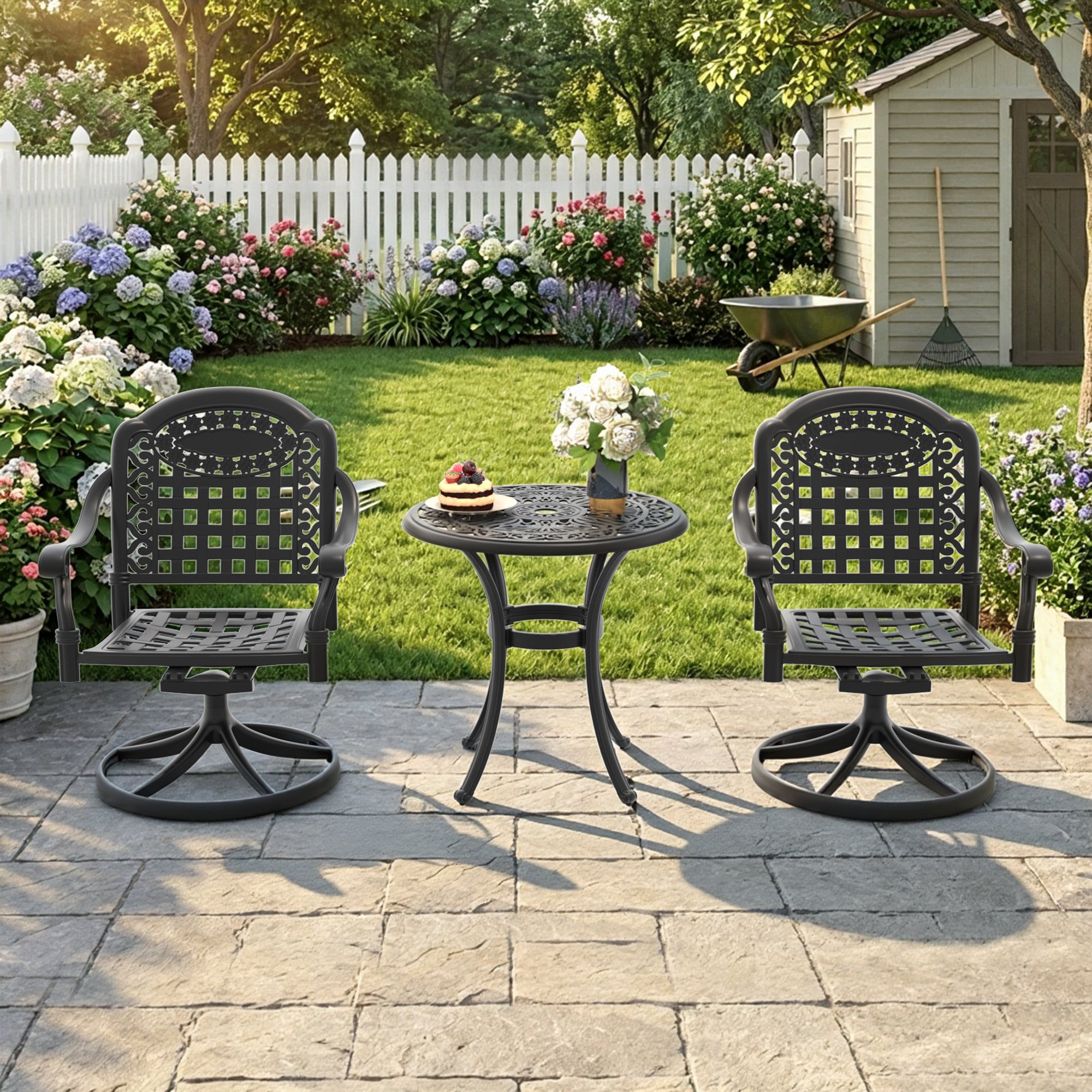3-Piece All-Weather Cast Aluminum Dining Set, Include 2 Swivel Chairs and 26.77" Round Table With Black Frame - Image 2