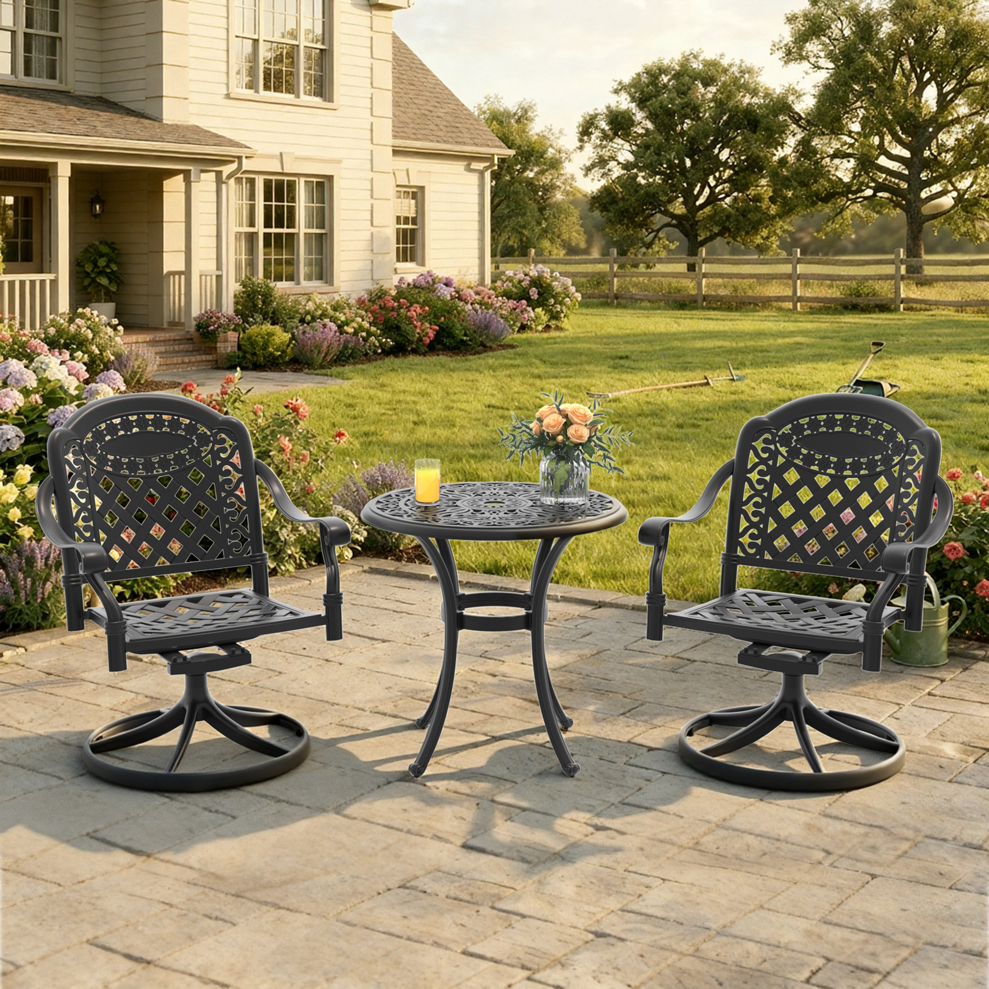 3-Piece All-Weather Cast Aluminum Dining Set, Include 2 Swivel Chairs and 26.77" Round Table With Black Frame - Image 2