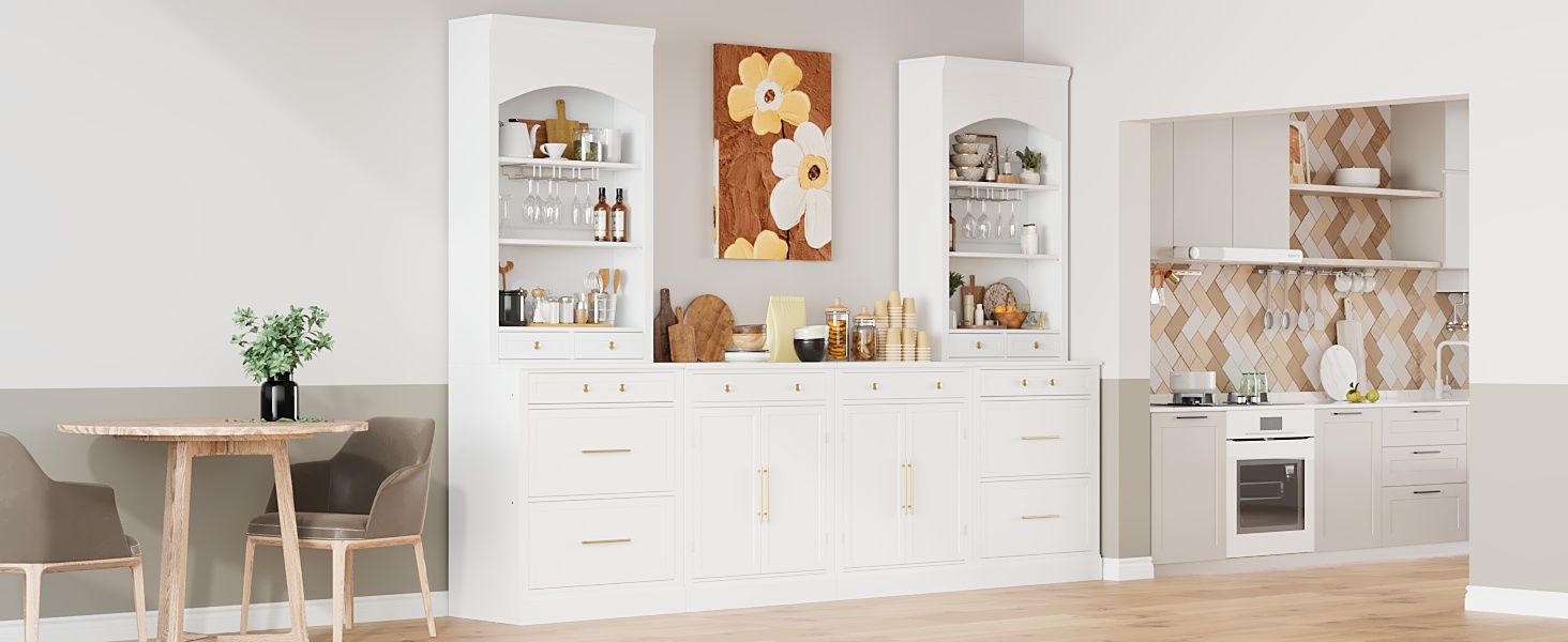 TOPMAX Modern 28.7x17.5x83.7inch High Kitchen Pantry, Freestanding Tall Kitchen Hutch with Faux Marble Top, Display Cupboard Cabinet with 5 Storage Drawers, Glass Holders and Adjustable Shelf, White - Image 2