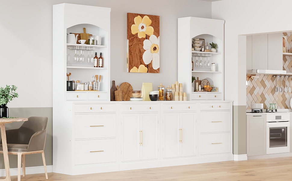 TOPMAX Modern 28.7x17.5x83.7inch High Kitchen Pantry, Freestanding Tall Kitchen Hutch with Faux Marble Top, Display Cupboard Cabinet with 5 Storage Drawers, Glass Holders and Adjustable Shelf, White - Image 3