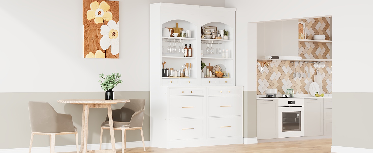 TOPMAX Modern 28.7x17.5x83.7inch High Kitchen Pantry, Freestanding Tall Kitchen Hutch with Faux Marble Top, Display Cupboard Cabinet with 5 Storage Drawers, Glass Holders and Adjustable Shelf, White - Image 4
