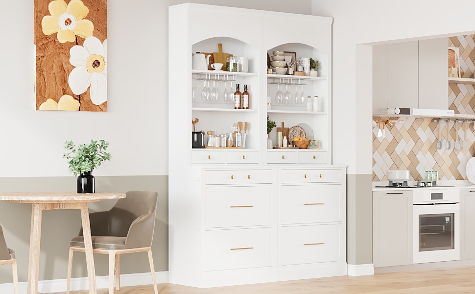 TOPMAX Modern 28.7x17.5x83.7inch High Kitchen Pantry, Freestanding Tall Kitchen Hutch with Faux Marble Top, Display Cupboard Cabinet with 5 Storage Drawers, Glass Holders and Adjustable Shelf, White - Image 5