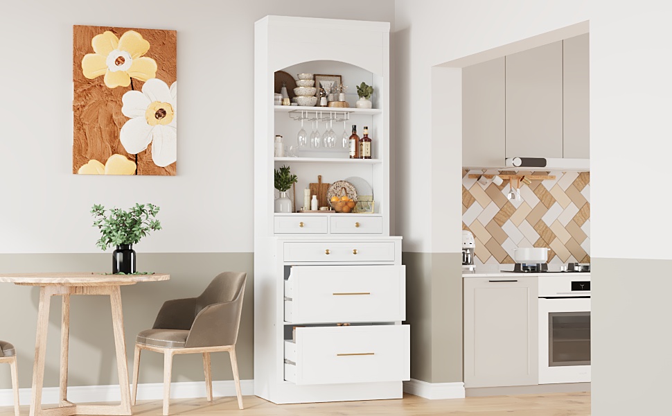 TOPMAX Modern 28.7x17.5x83.7inch High Kitchen Pantry, Freestanding Tall Kitchen Hutch with Faux Marble Top, Display Cupboard Cabinet with 5 Storage Drawers, Glass Holders and Adjustable Shelf, White - Image 6