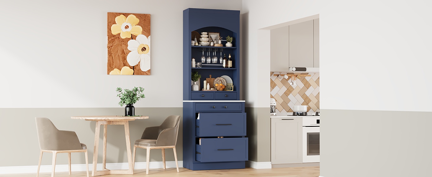 TOPMAX Modern 28.7x17.5x83.7inch High Kitchen Pantry, Freestanding Tall Kitchen Hutch with Faux Marble Top, Display Cupboard Cabinet with 5 Storage Drawers, Glass Holders and Adjustable Shelf, Blue - Image 2
