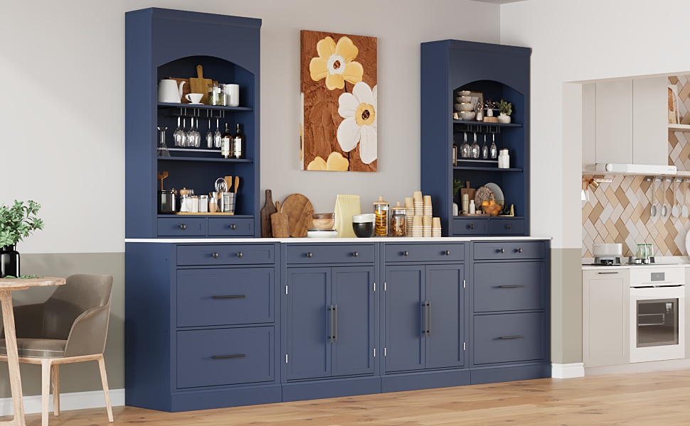 TOPMAX Modern 28.7x17.5x83.7inch High Kitchen Pantry, Freestanding Tall Kitchen Hutch with Faux Marble Top, Display Cupboard Cabinet with 5 Storage Drawers, Glass Holders and Adjustable Shelf, Blue - Image 3