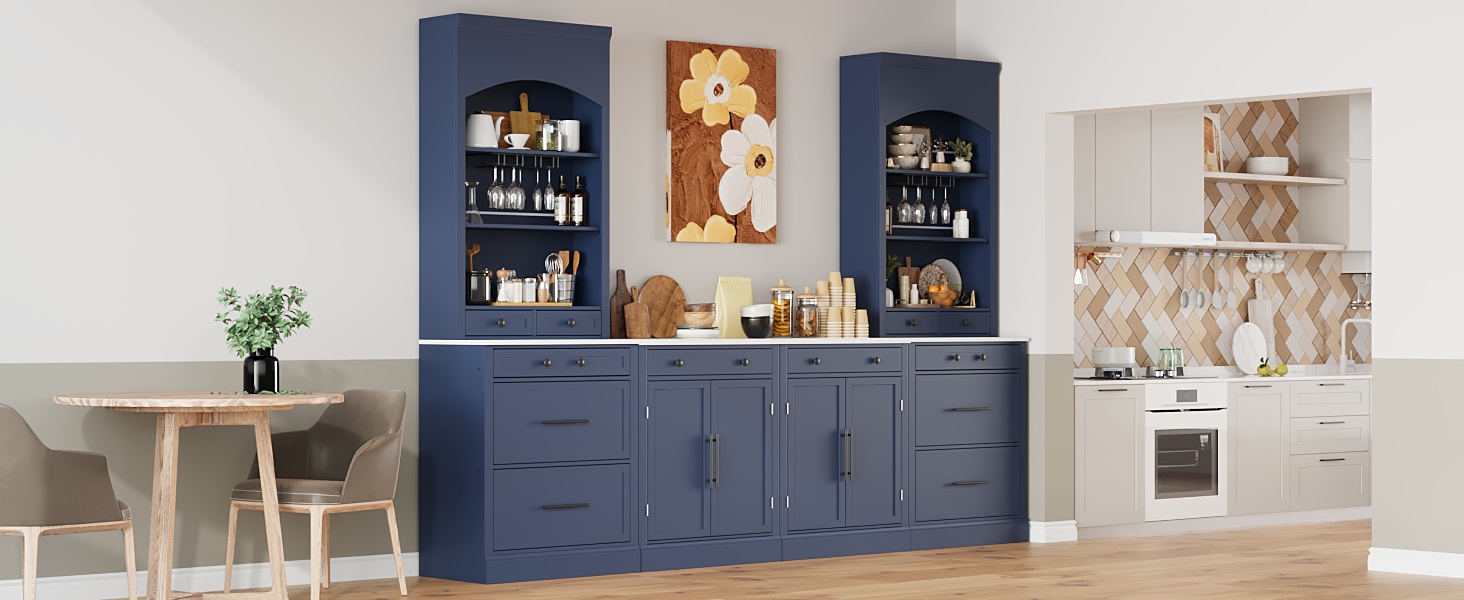 TOPMAX Modern 28.7x17.5x83.7inch High Kitchen Pantry, Freestanding Tall Kitchen Hutch with Faux Marble Top, Display Cupboard Cabinet with 5 Storage Drawers, Glass Holders and Adjustable Shelf, Blue - Image 4