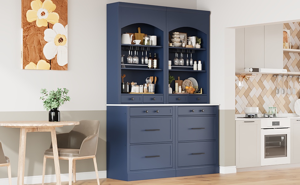 TOPMAX Modern 28.7x17.5x83.7inch High Kitchen Pantry, Freestanding Tall Kitchen Hutch with Faux Marble Top, Display Cupboard Cabinet with 5 Storage Drawers, Glass Holders and Adjustable Shelf, Blue - Image 5