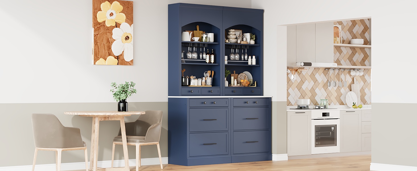 TOPMAX Modern 28.7x17.5x83.7inch High Kitchen Pantry, Freestanding Tall Kitchen Hutch with Faux Marble Top, Display Cupboard Cabinet with 5 Storage Drawers, Glass Holders and Adjustable Shelf, Blue - Image 6