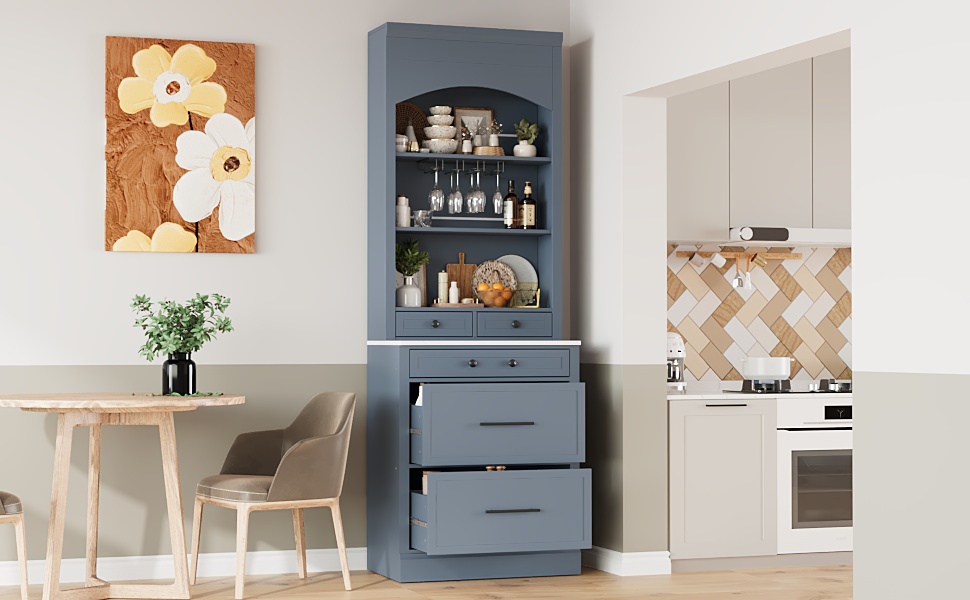 TOPMAX Modern 28.7x17.5x83.7inch High Kitchen Pantry, Freestanding Tall Kitchen Hutch with Faux Marble Top, Display Cupboard Cabinet with 5 Storage Drawers, Glass Holders and Adjustable Shelf, Gray - Image 3