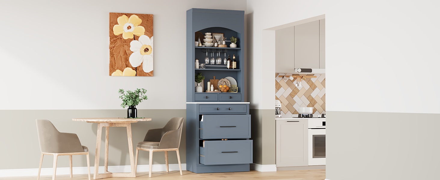TOPMAX Modern 28.7x17.5x83.7inch High Kitchen Pantry, Freestanding Tall Kitchen Hutch with Faux Marble Top, Display Cupboard Cabinet with 5 Storage Drawers, Glass Holders and Adjustable Shelf, Gray - Image 2