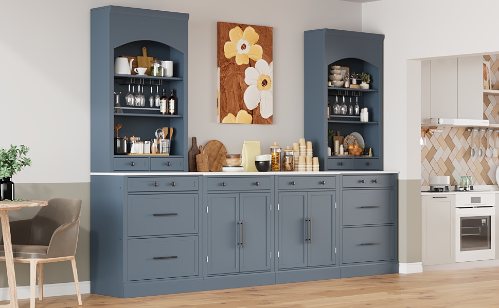 TOPMAX Modern 28.7x17.5x83.7inch High Kitchen Pantry, Freestanding Tall Kitchen Hutch with Faux Marble Top, Display Cupboard Cabinet with 5 Storage Drawers, Glass Holders and Adjustable Shelf, Gray - Image 4