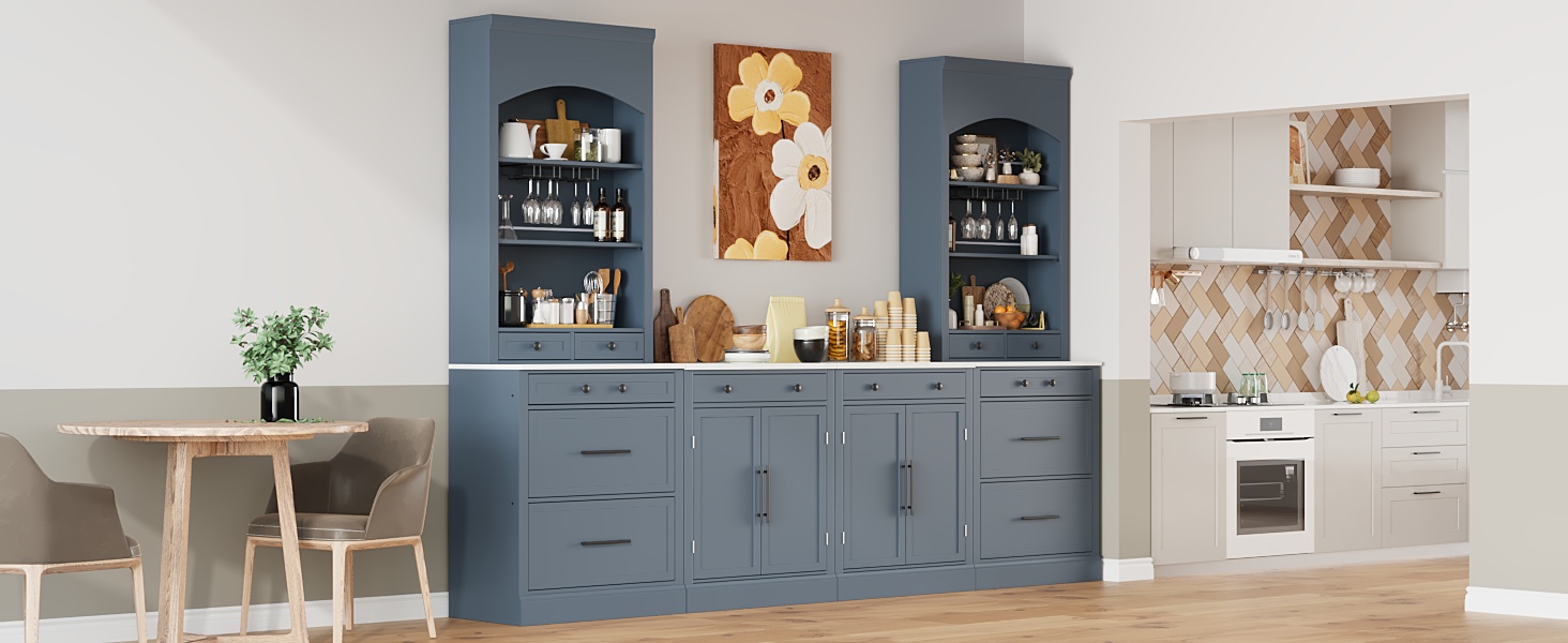 TOPMAX Modern 28.7x17.5x83.7inch High Kitchen Pantry, Freestanding Tall Kitchen Hutch with Faux Marble Top, Display Cupboard Cabinet with 5 Storage Drawers, Glass Holders and Adjustable Shelf, Gray - Image 5