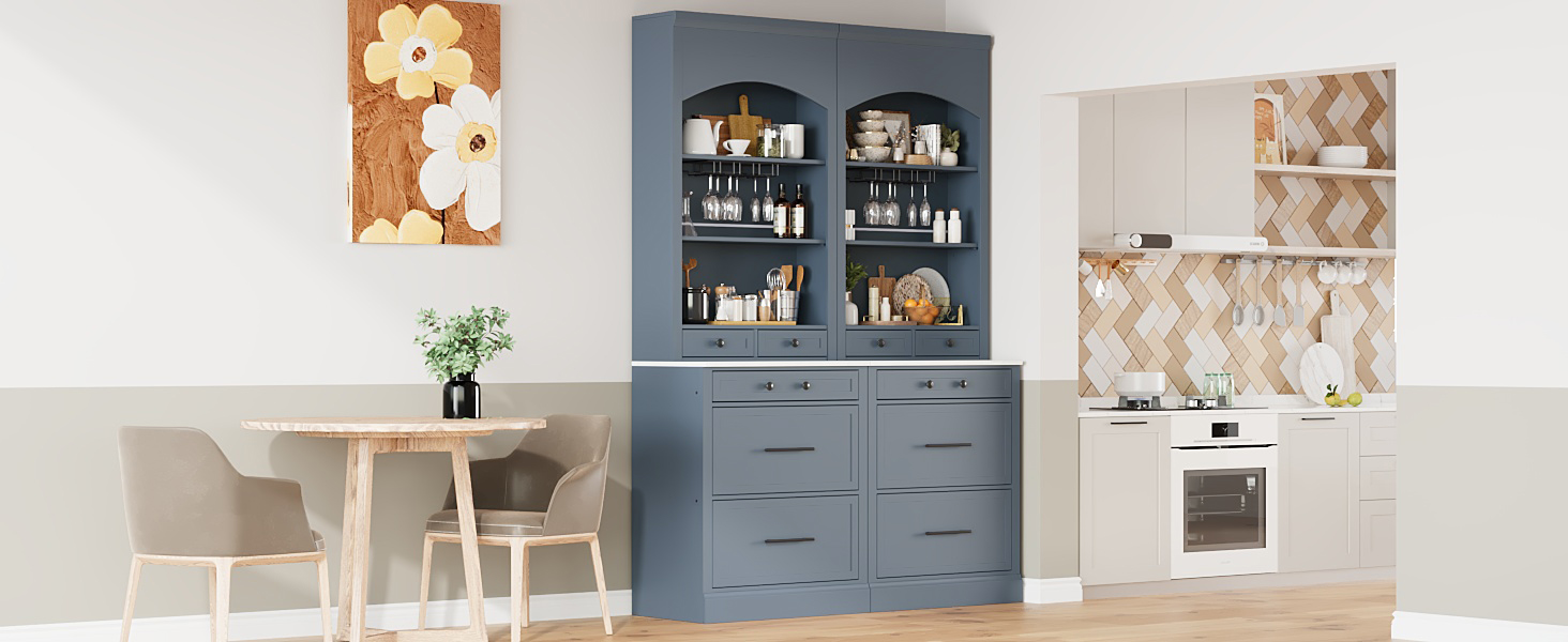 TOPMAX Modern 28.7x17.5x83.7inch High Kitchen Pantry, Freestanding Tall Kitchen Hutch with Faux Marble Top, Display Cupboard Cabinet with 5 Storage Drawers, Glass Holders and Adjustable Shelf, Gray - Image 6