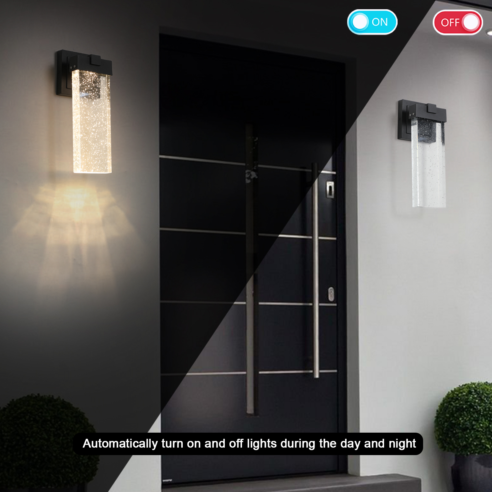 2-Pack Outdoor Wall Light Fixture, Weatherproof LED Wall Sconce with Bubble Crystal and Light Sensor - 12W Per Lamp - Image 6