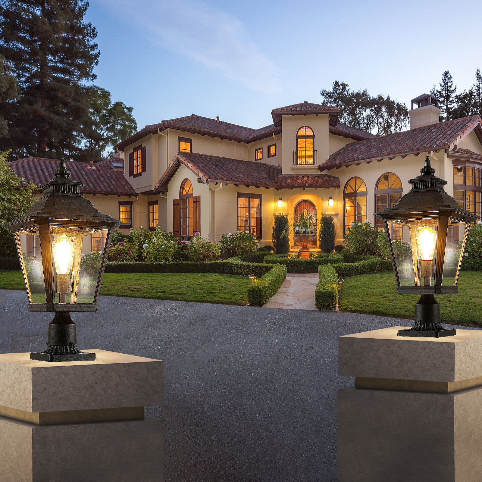 21"(H) 2-Pack Outdoor Post Lantern Light – Vintage Black Metal & Clear Glass Pillar Lamp for Garden, Gate, Driveway, and Pathway Lighting with Elegant Design (Bulb Not Included) - Image 2