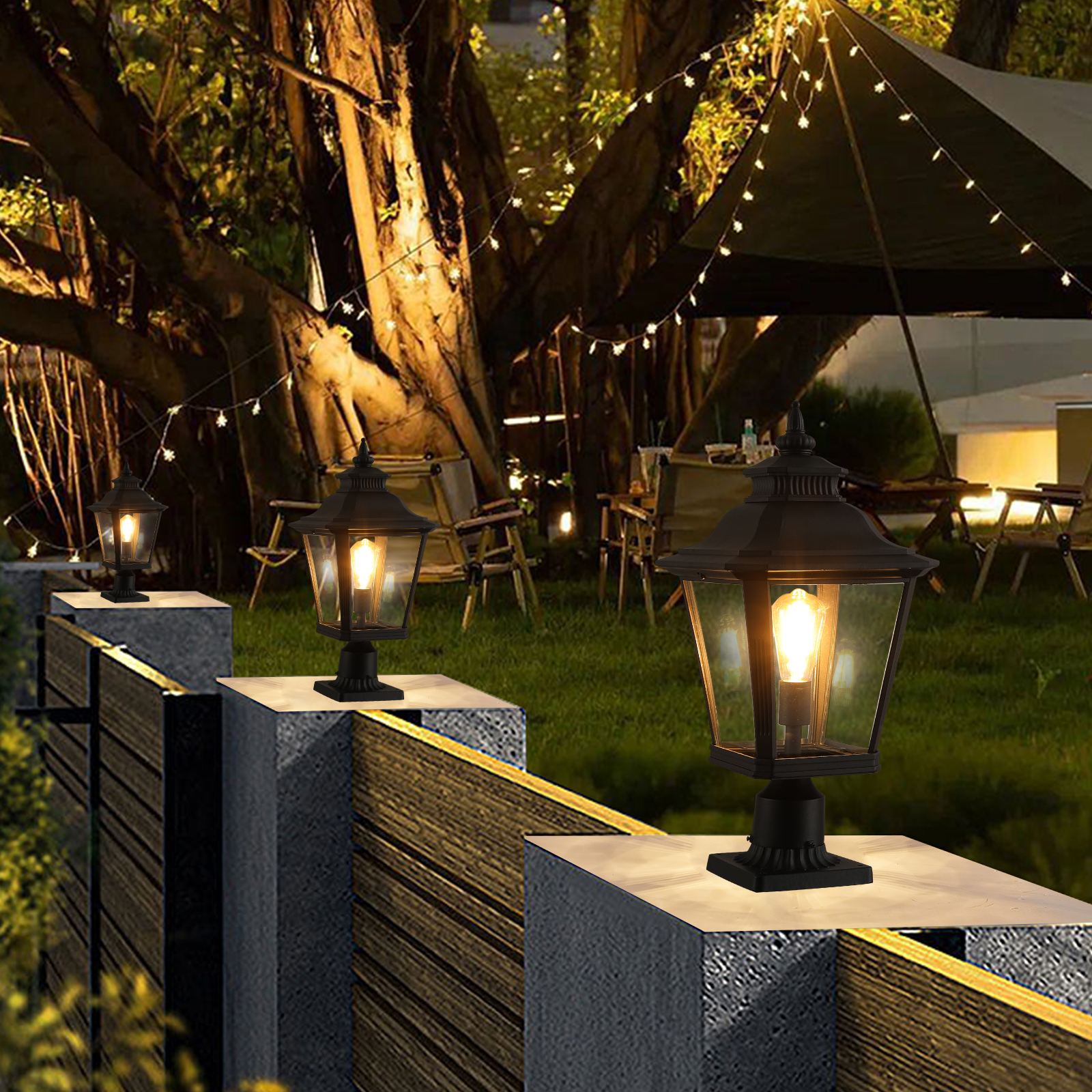 21"(H) 2-Pack Outdoor Post Lantern Light – Vintage Black Metal & Clear Glass Pillar Lamp for Garden, Gate, Driveway, and Pathway Lighting with Elegant Design (Bulb Not Included) - Image 4
