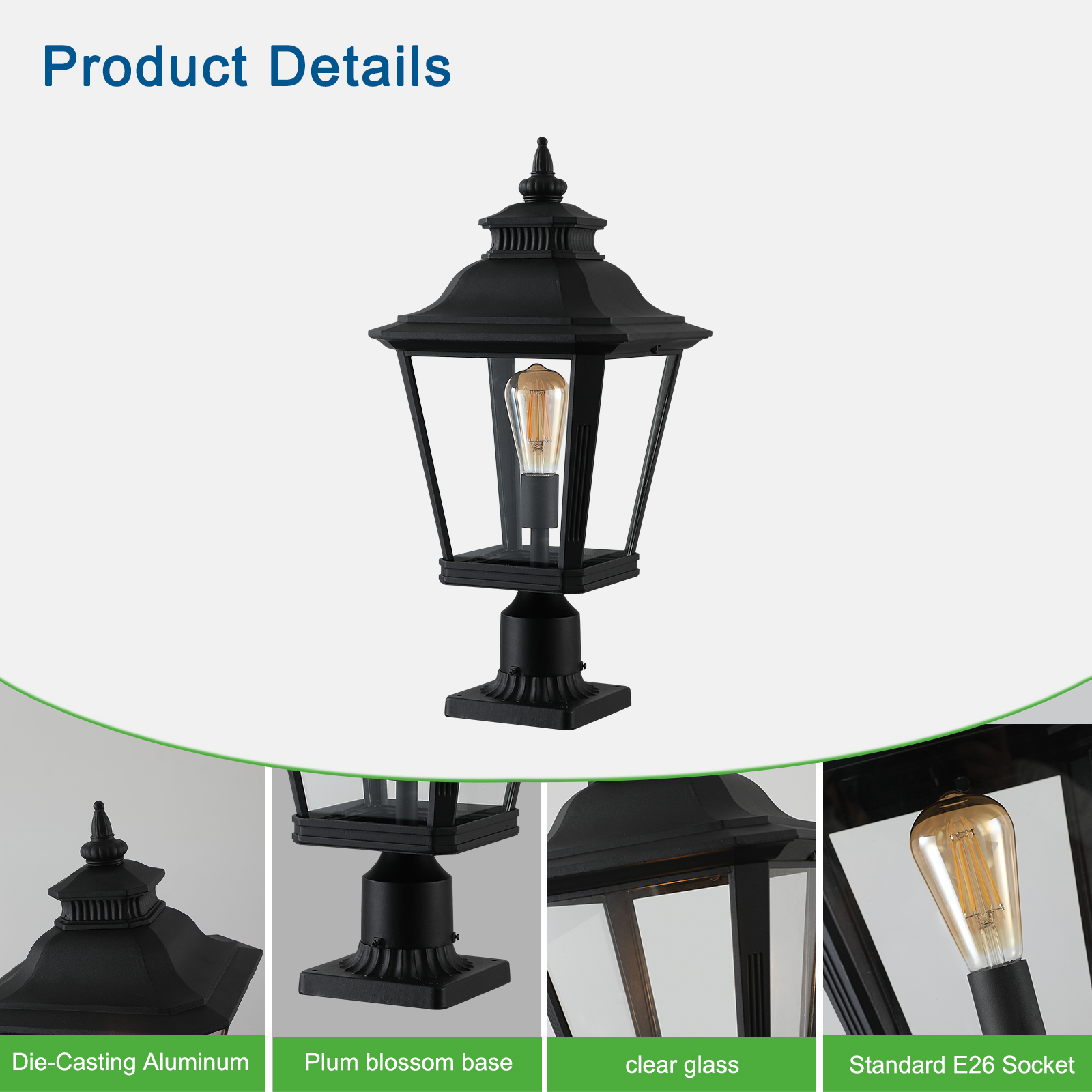 21"(H) 2-Pack Outdoor Post Lantern Light – Vintage Black Metal & Clear Glass Pillar Lamp for Garden, Gate, Driveway, and Pathway Lighting with Elegant Design (Bulb Not Included) - Image 6